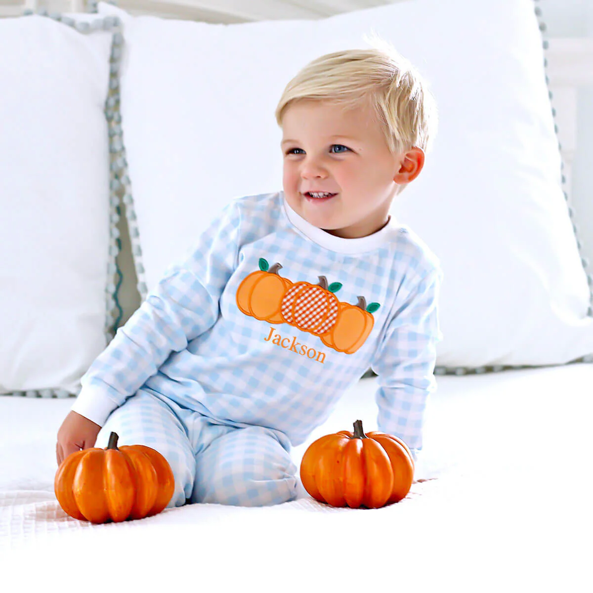 Pumpkin Cluster Blue Gingham Pajamas - Image 6