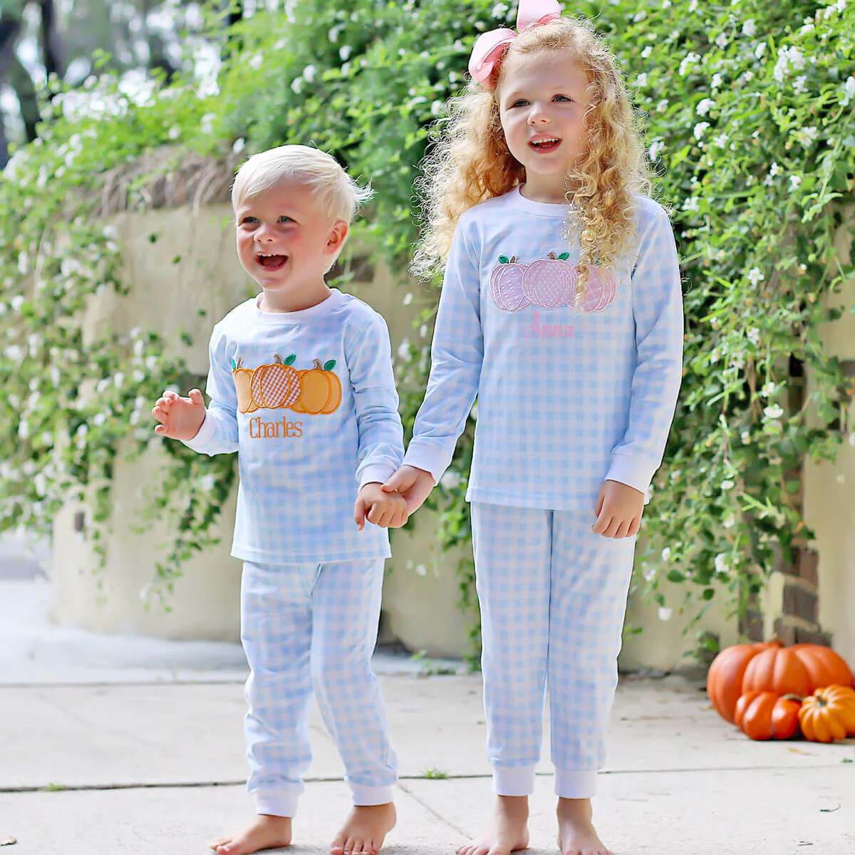 Pumpkin Cluster Blue Gingham Pajamas - Image 9