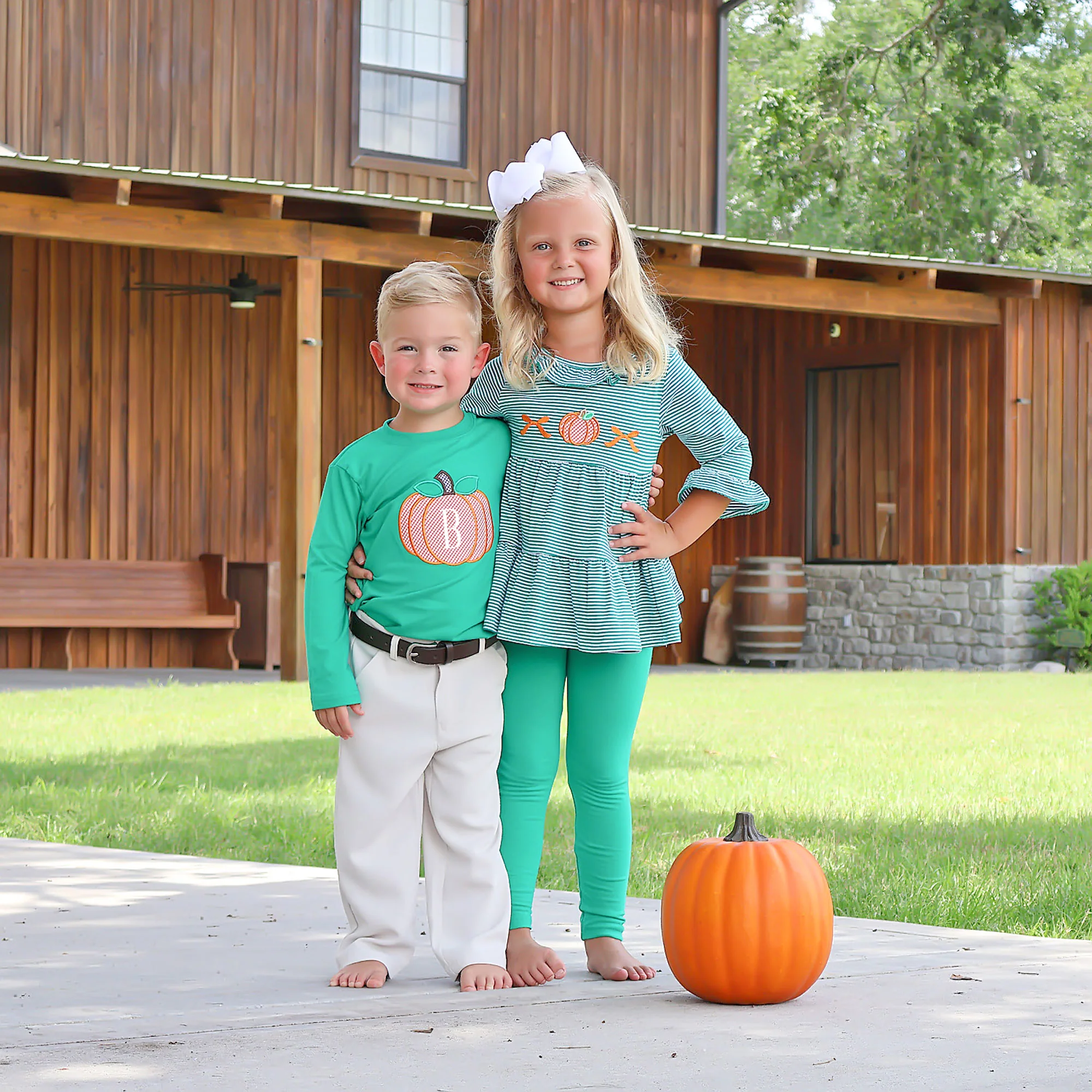 Pumpkin Bows Green Stripe Callie Legging Set - Image 3