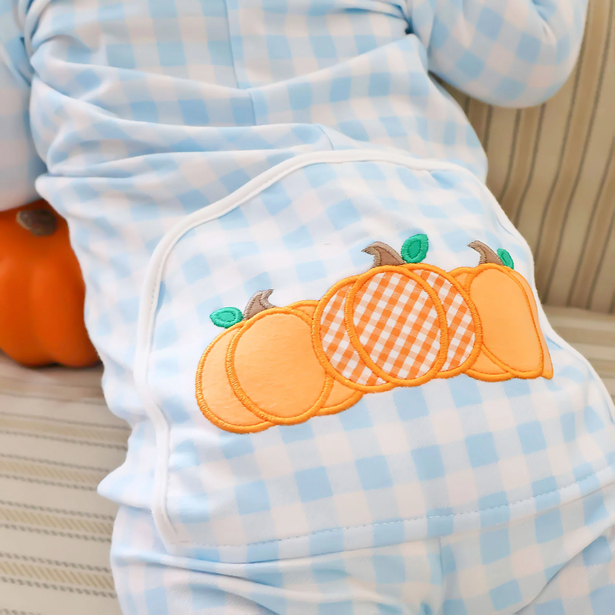 Pumpkin Cluster Blue Gingham Zip Sleeper - Image 2
