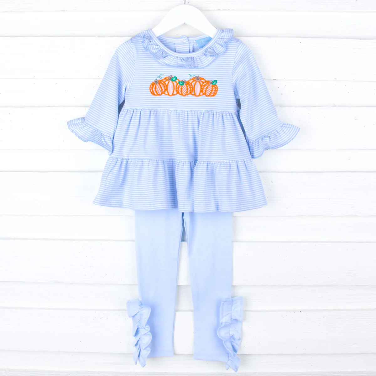 Pumpkin Cluster Light Blue Stripe Callie Legging Set - Image 2