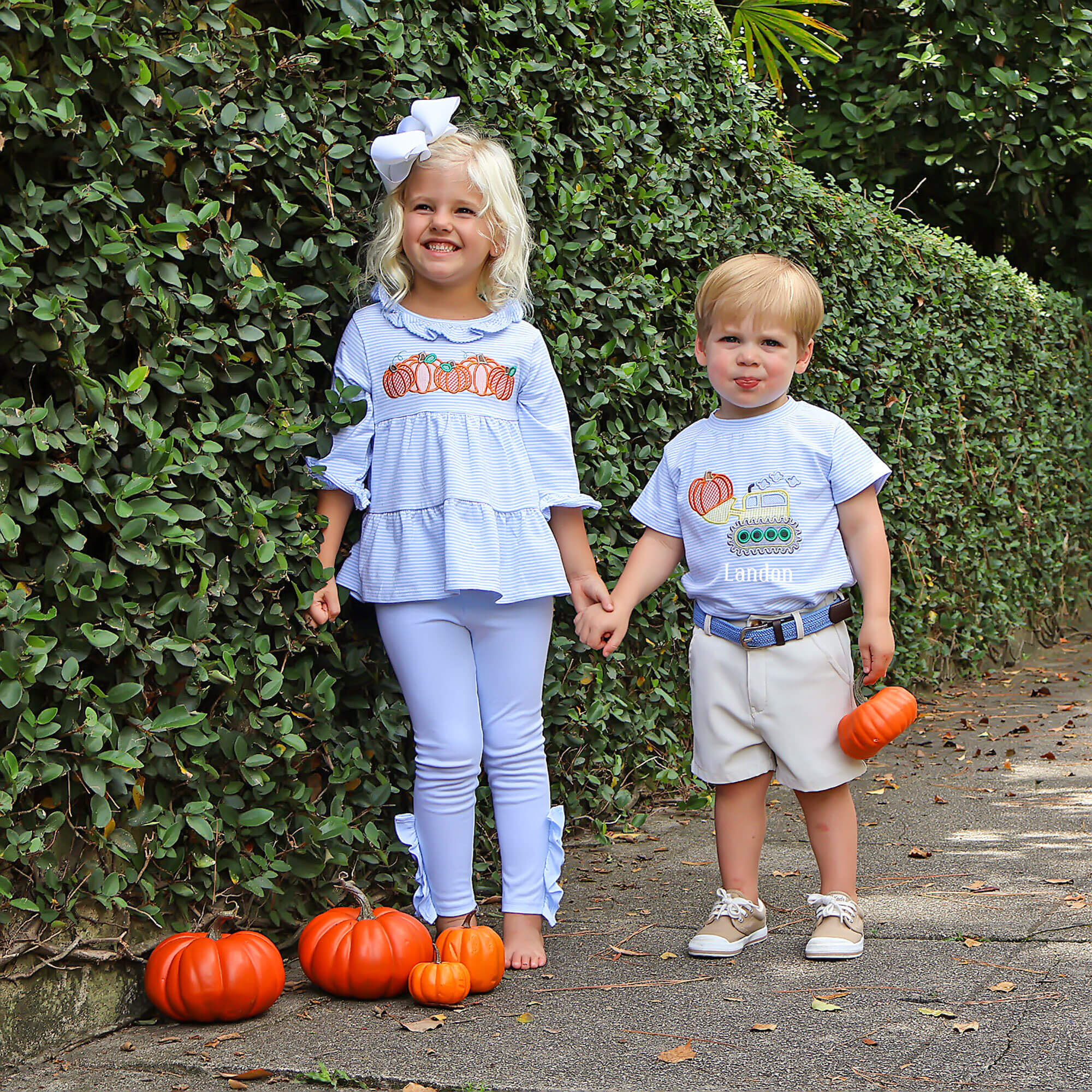 Pumpkin Cluster Light Blue Stripe Callie Legging Set - Image 3