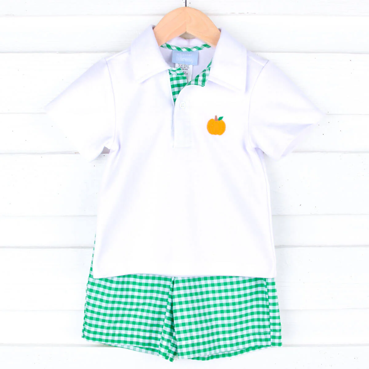 Green Check Pumpkin Embroidered Polo Short Set - Image 3