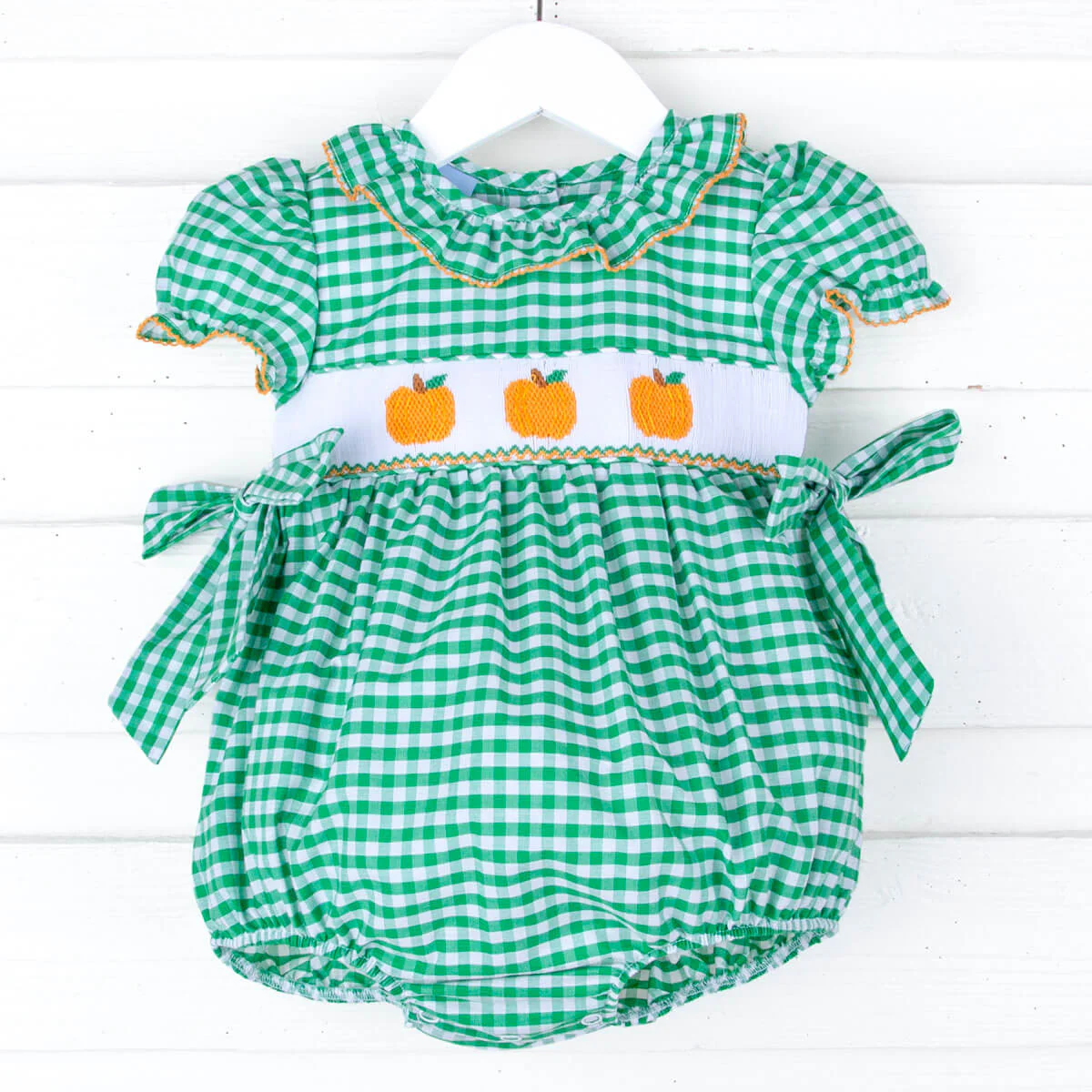 Green Check Pumpkin Smocked Beverly Bubble - Image 2