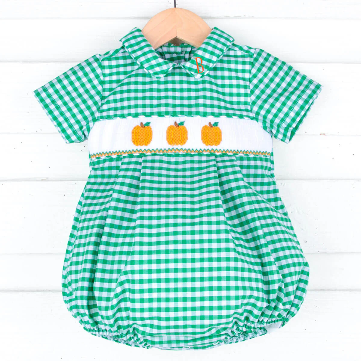 Green Check Pumpkin Smocked Collared Bubble - Image 2