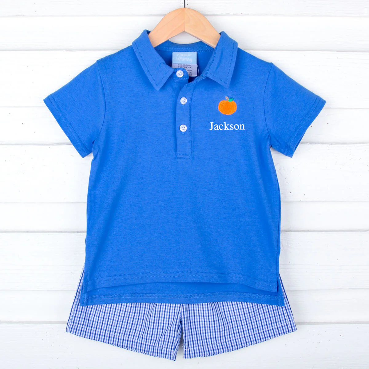 Pumpkin Cutie Royal Blue Gingham Polo Short Set - Image 2