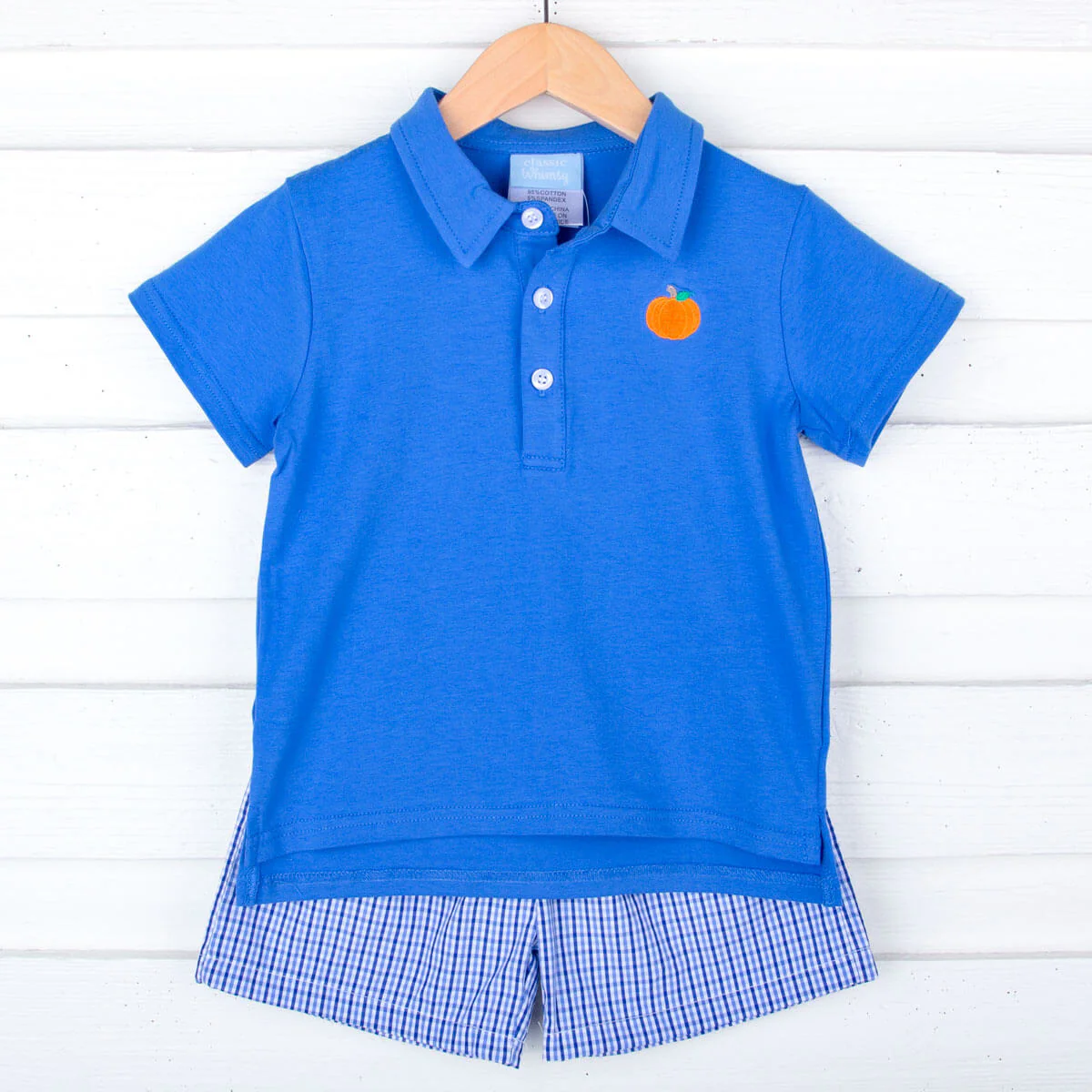 Pumpkin Cutie Royal Blue Gingham Polo Short Set - Image 4