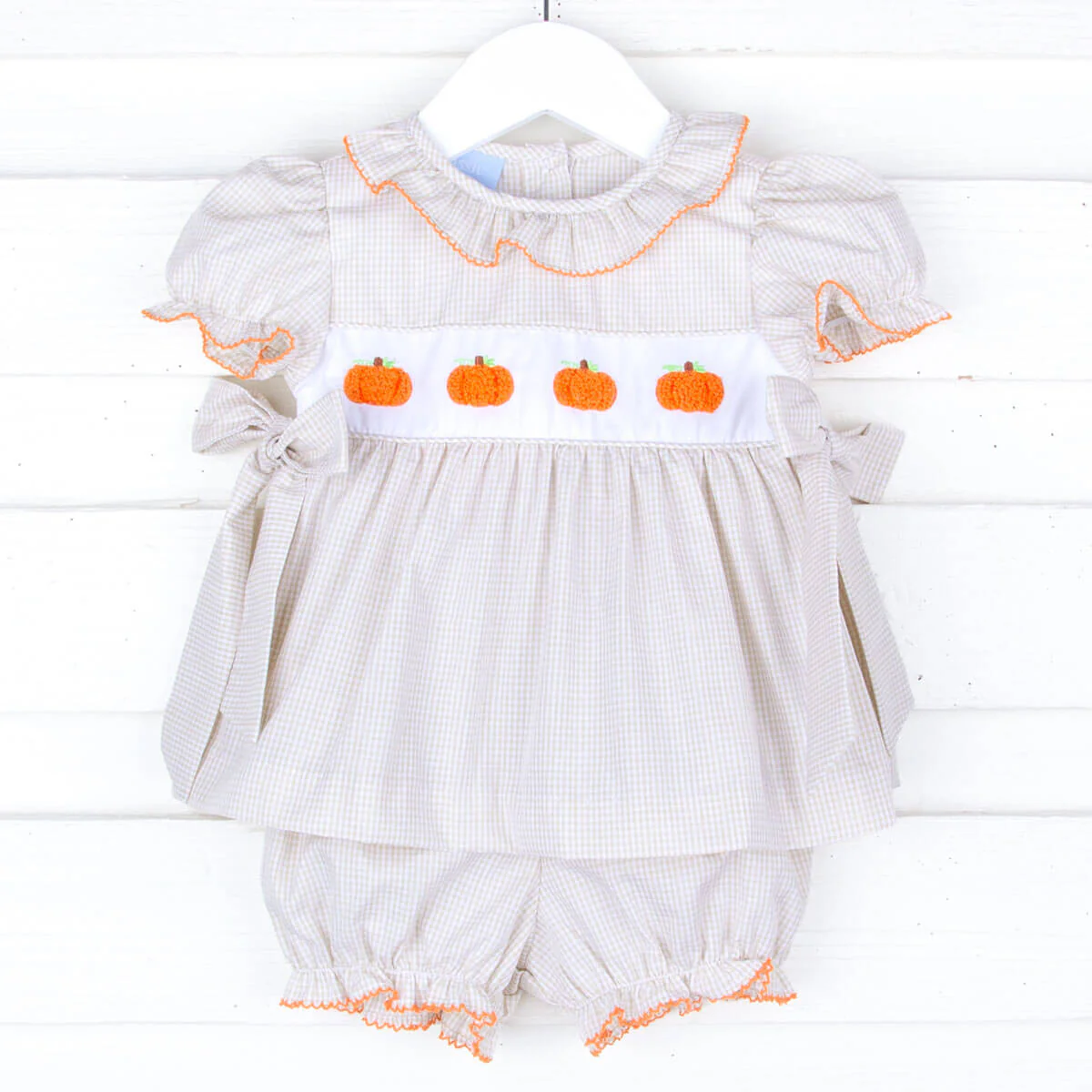 Pumpkin French Knot Tan Gingham Beverly Bloomer Set - Image 2