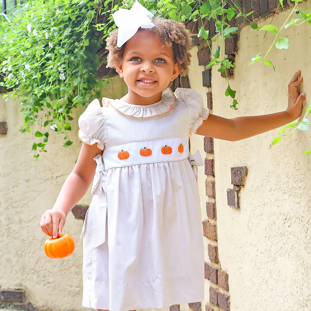 Pumpkin French Knot Tan Gingham Beverly Dress - Image 4