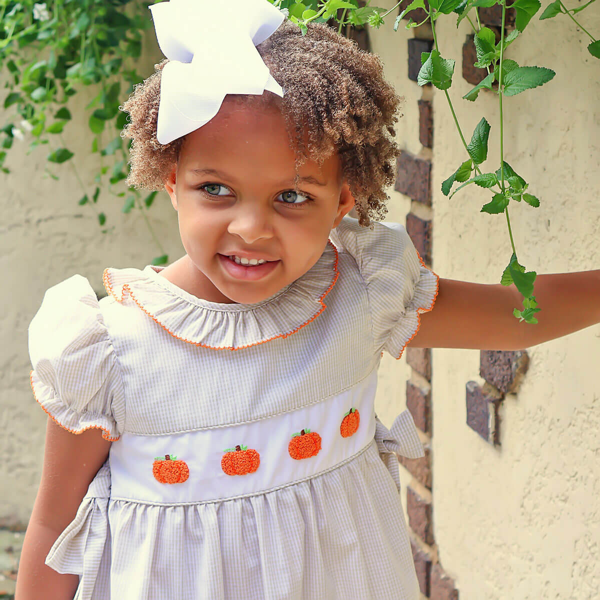 Pumpkin French Knot Tan Gingham Beverly Dress - Image 5