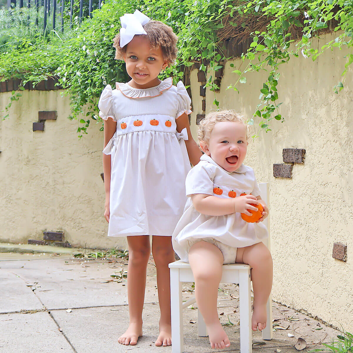 Pumpkin French Knot Tan Gingham Beverly Dress - Image 7