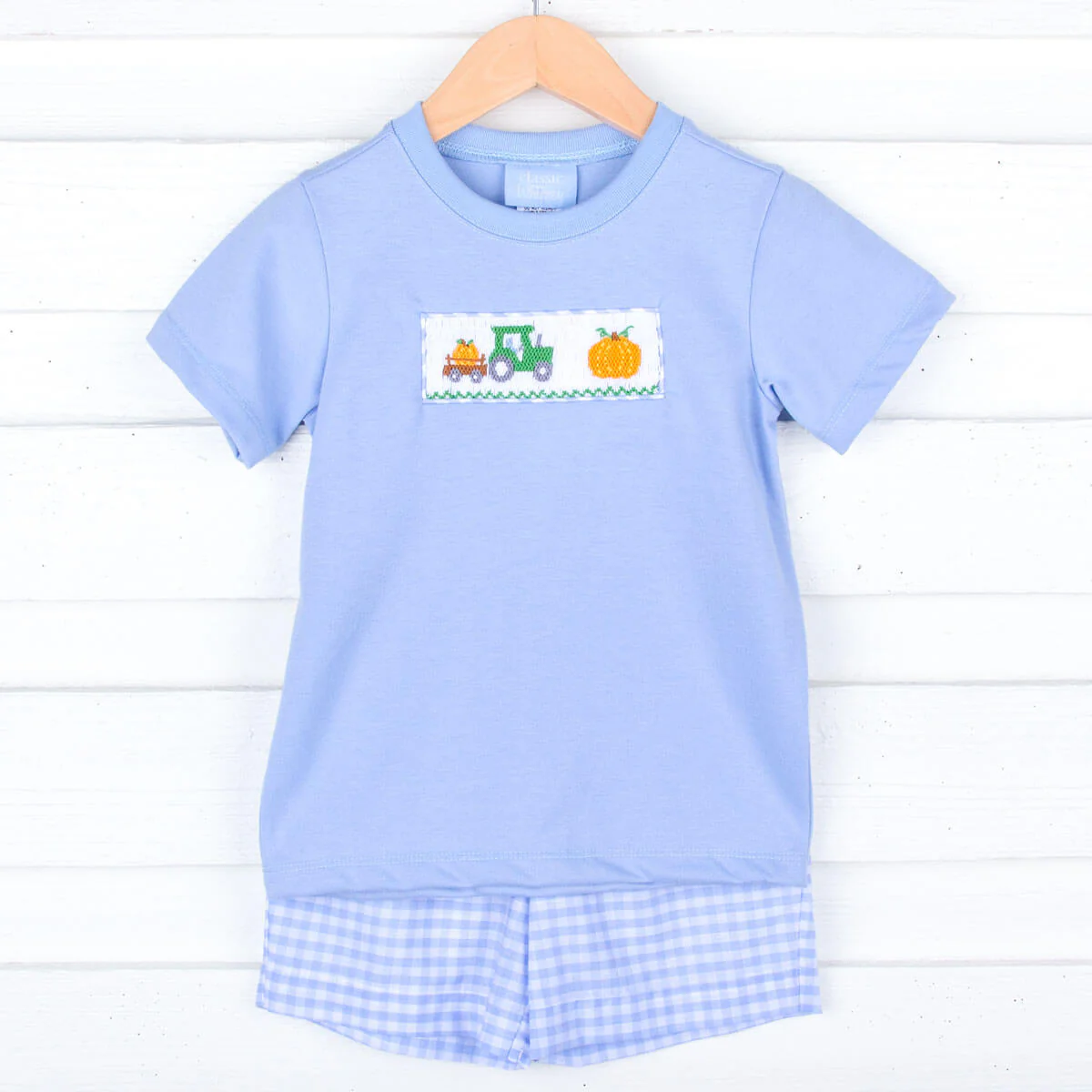 Pumpkin Hayride Blue Check Smocked Short Set - Image 2