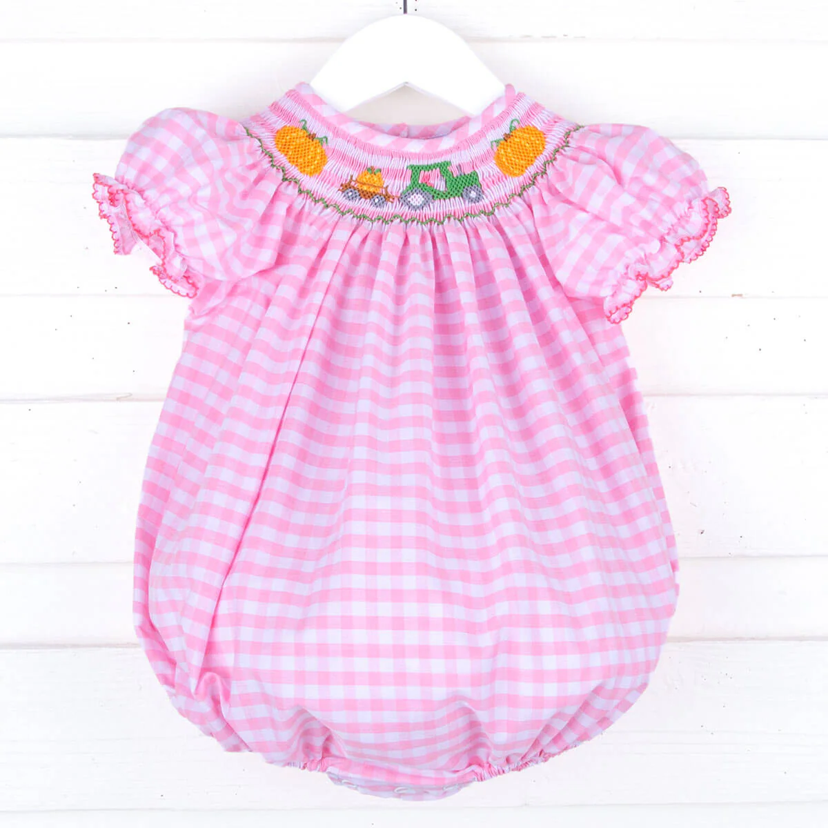 Pumpkin Hayride Pink Check Smocked Bubble - Image 3