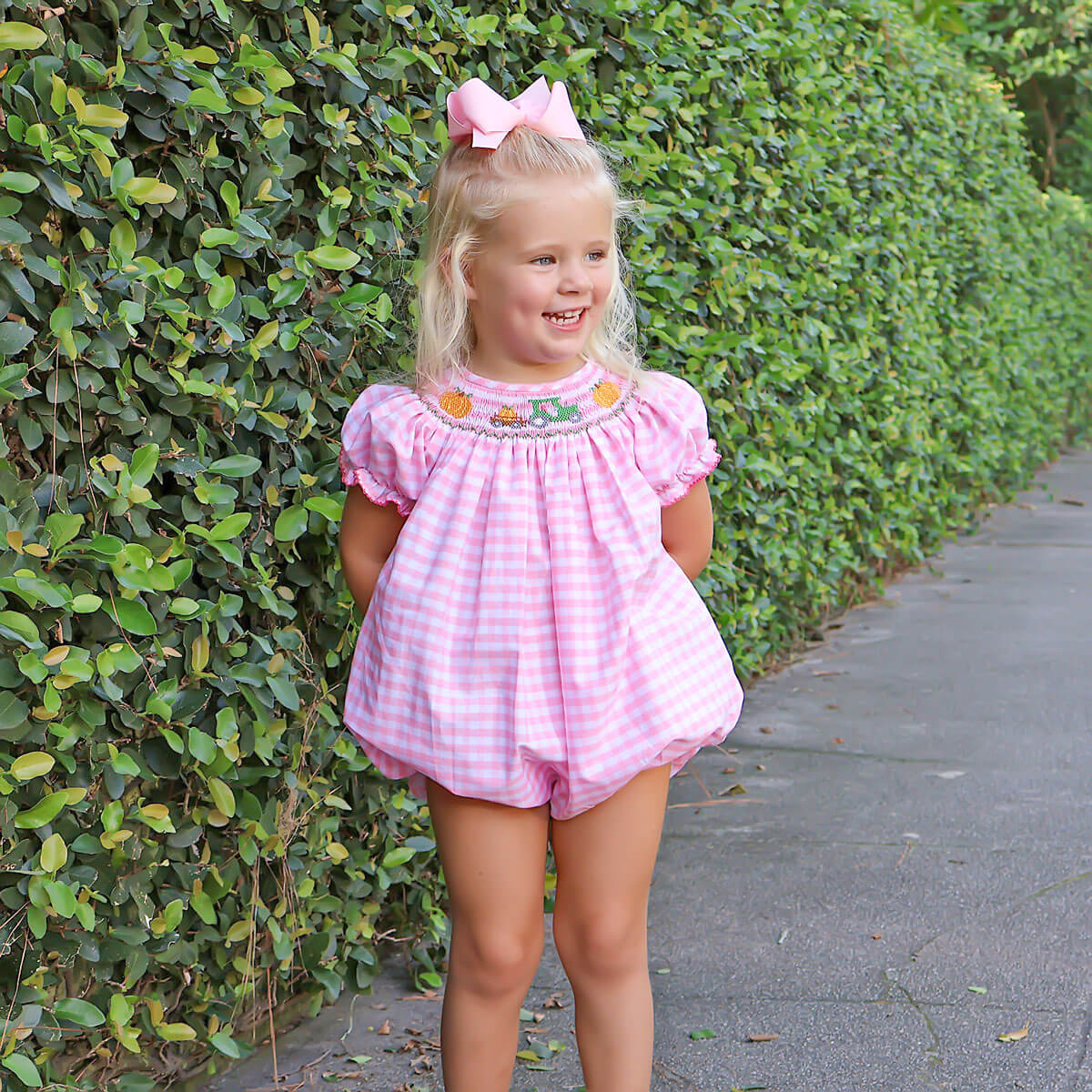 Pumpkin Hayride Pink Check Smocked Bubble - Image 4