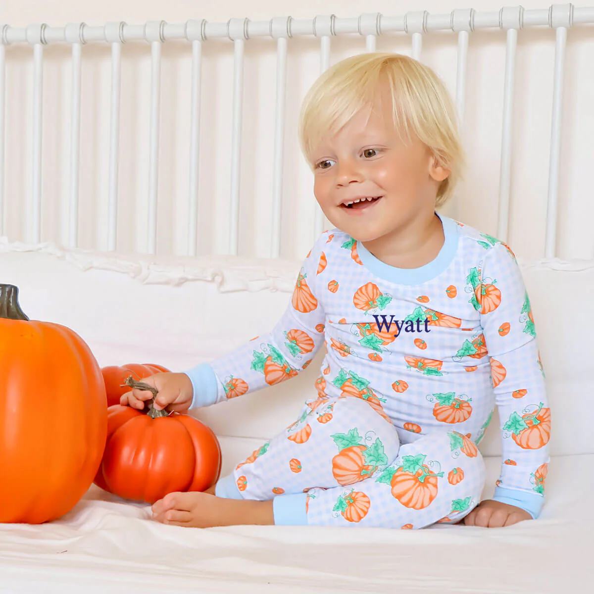 Pumpkin Print Light Blue Gingham Pajamas - Image 2