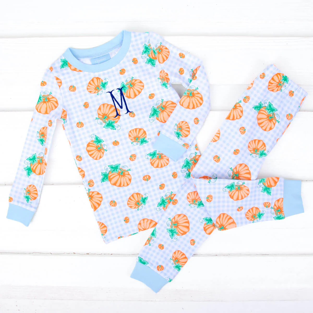 Pumpkin Print Light Blue Gingham Pajamas - Image 3