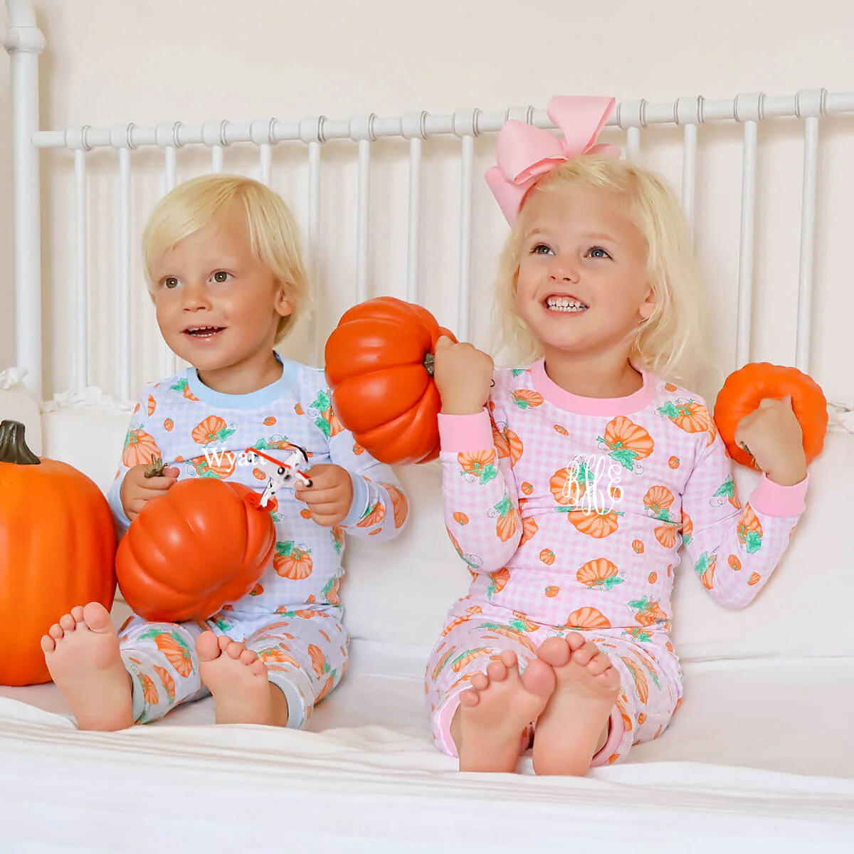 Pumpkin Print Light Blue Gingham Pajamas - Image 4