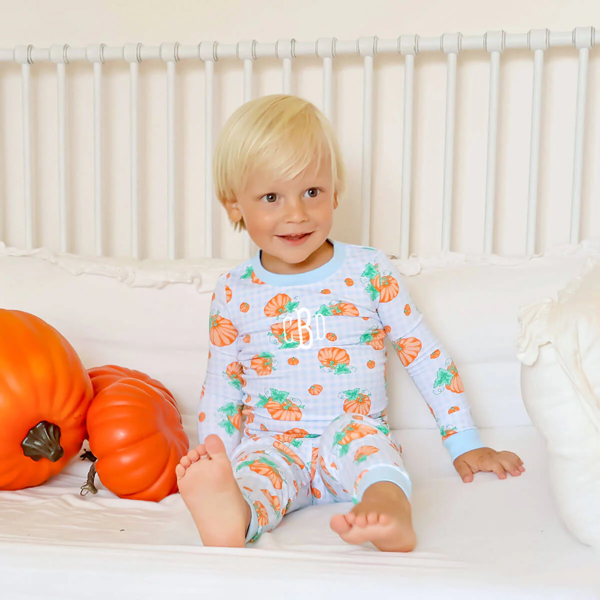 Pumpkin Print Light Blue Gingham Pajamas - Image 5