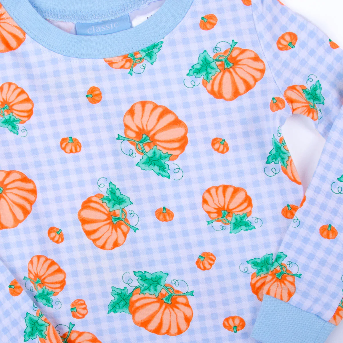 Pumpkin Print Light Blue Gingham Pajamas - Image 6