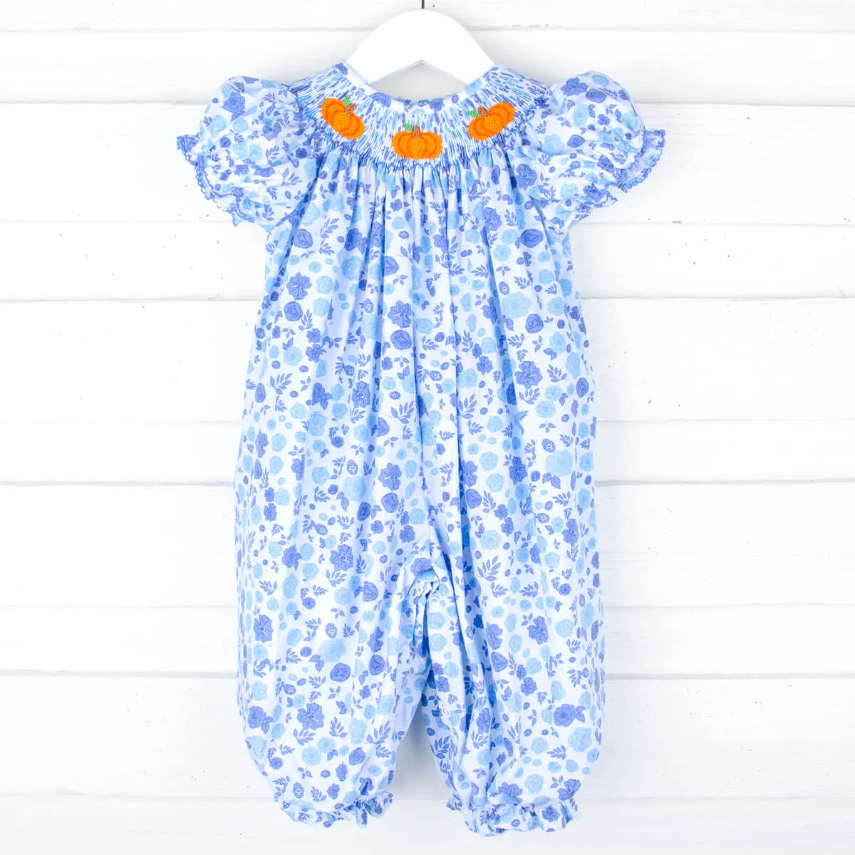 Pumpkin Patch Blue Floral Smocked Long Bubble - Image 2