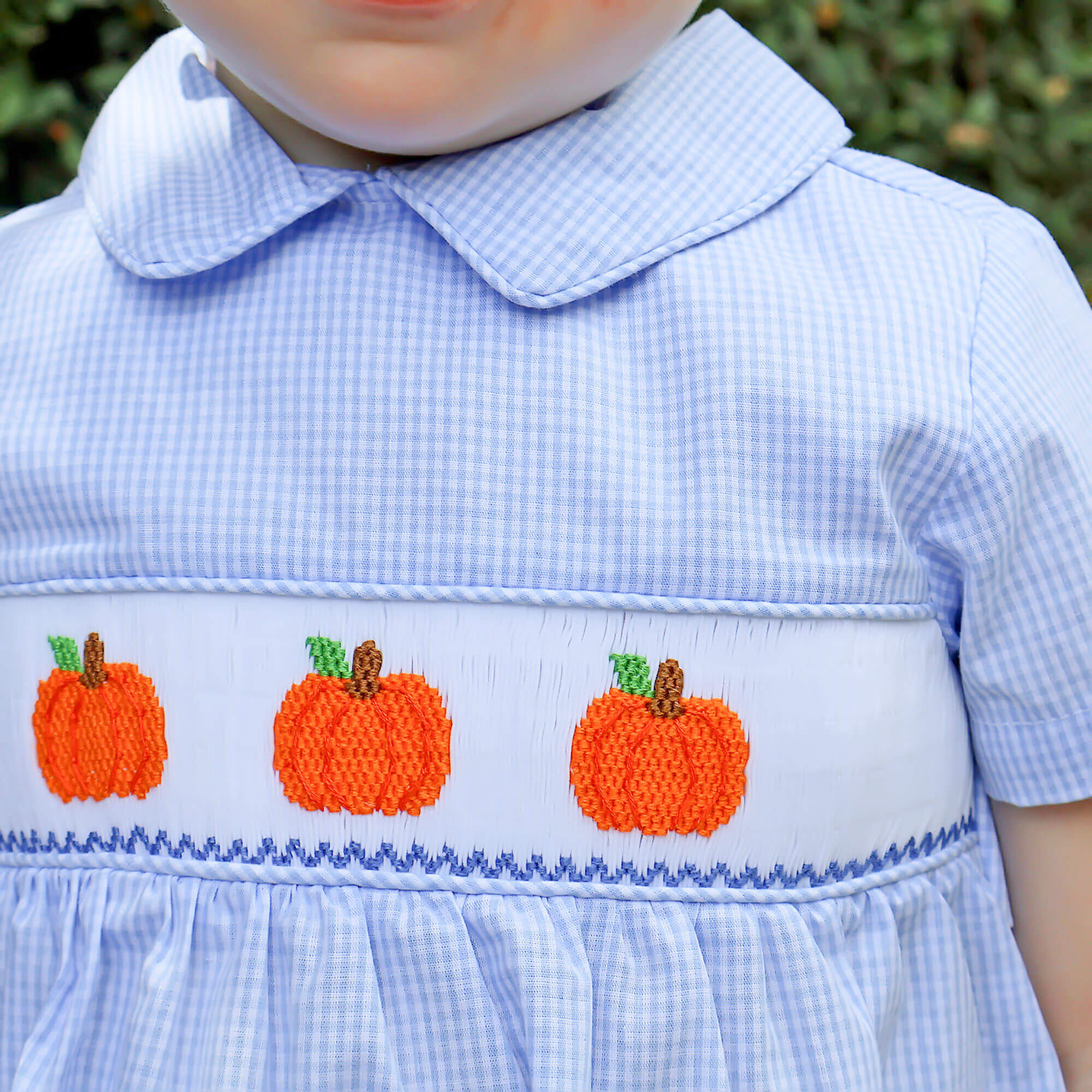 Pumpkin Patch Blue Gingham Smocked Collared Bubble - Image 2