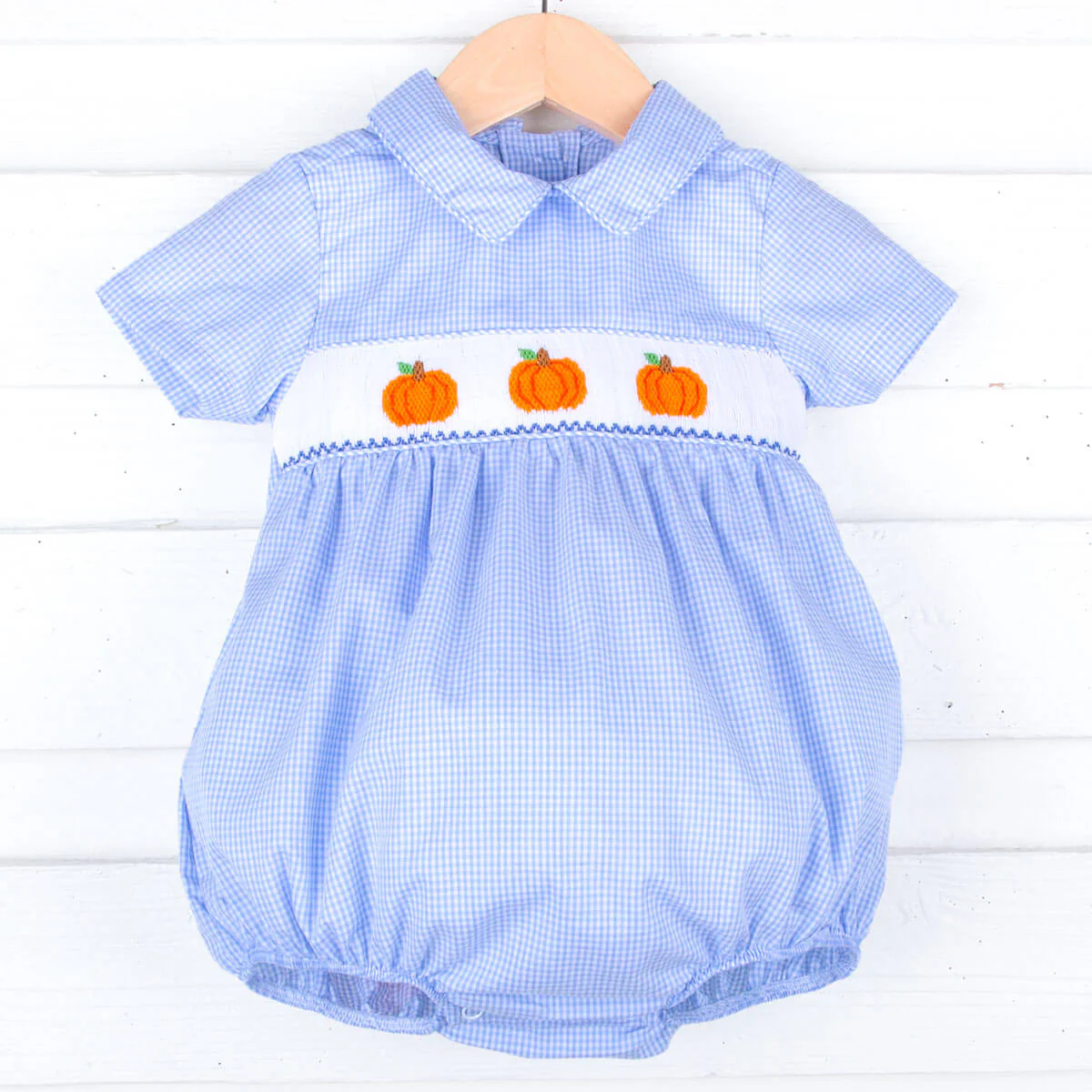 Pumpkin Patch Blue Gingham Smocked Collared Bubble - Image 4