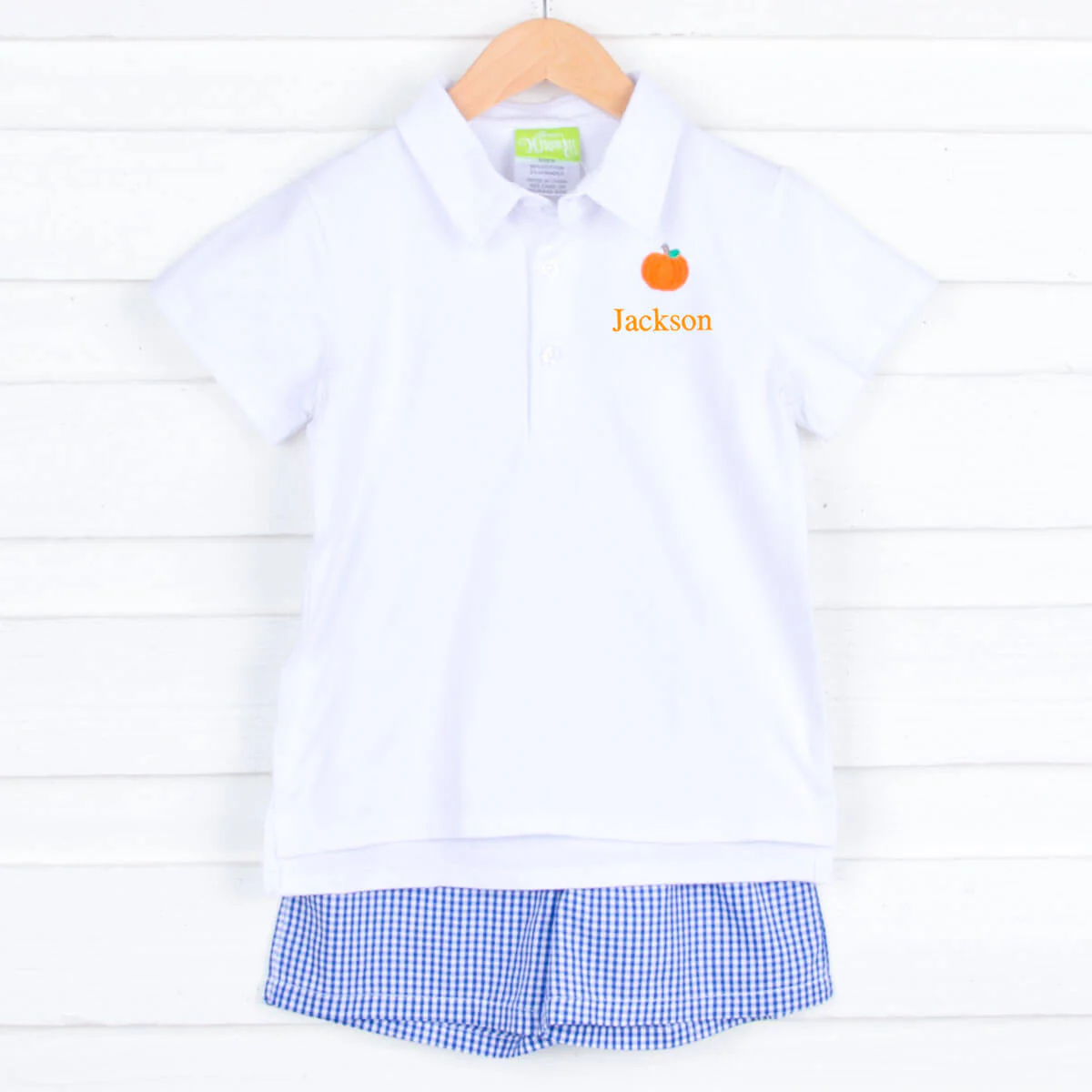 Pumpkin Picking Royal Blue Gingham Polo Short Set - Image 3