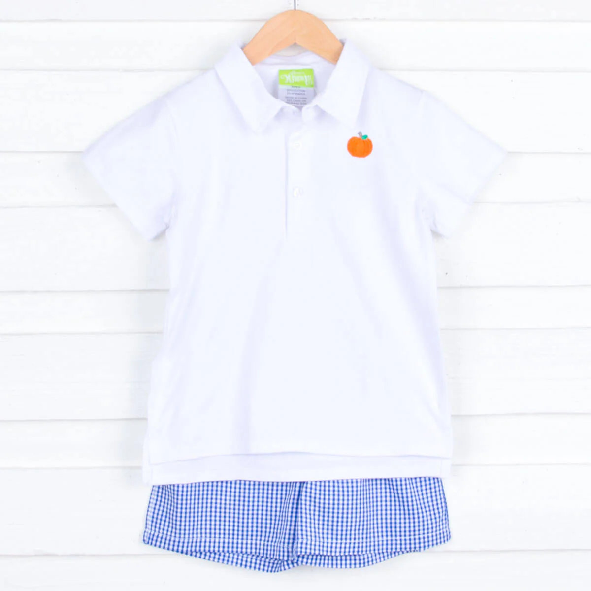 Pumpkin Picking Royal Blue Gingham Polo Short Set - Image 4