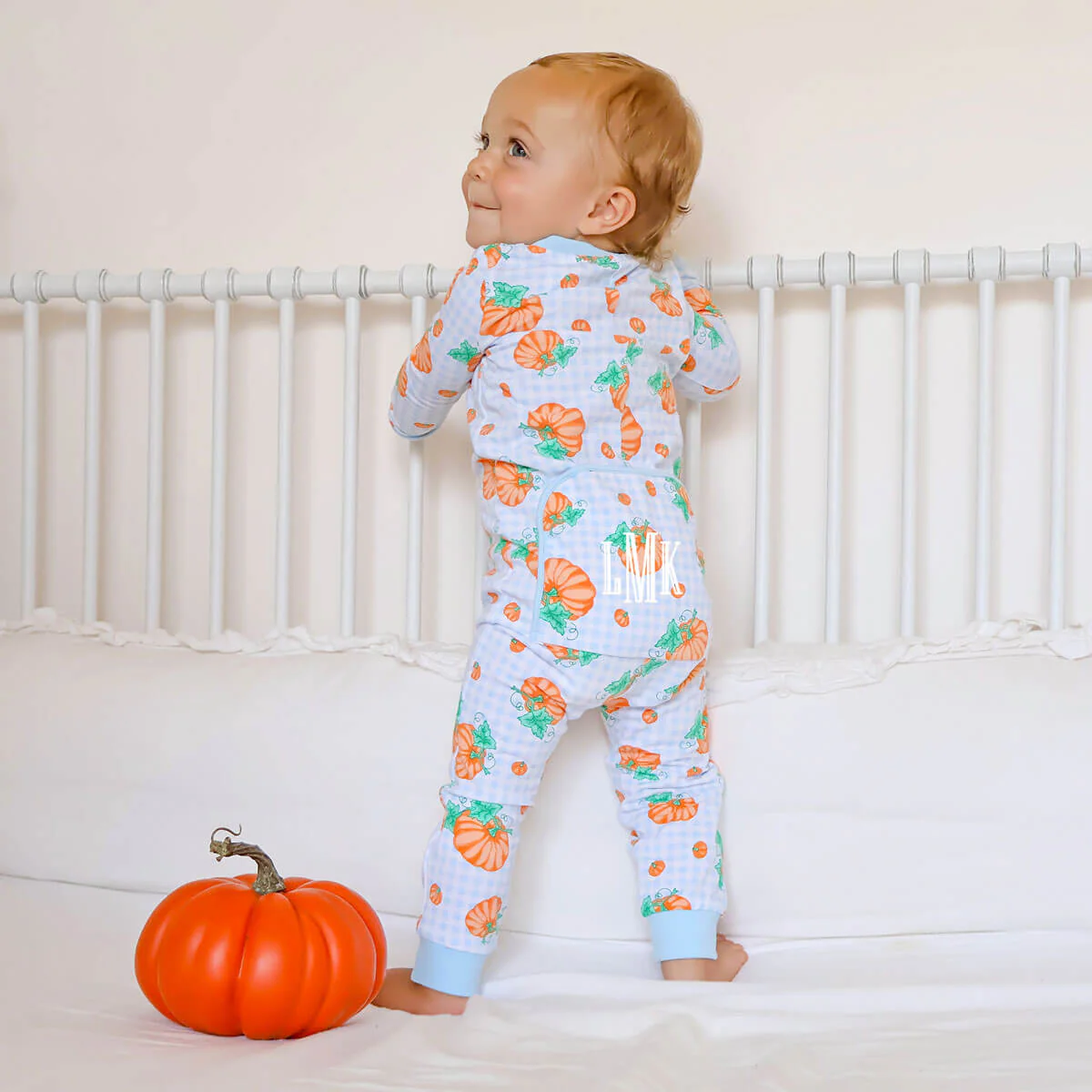 Pumpkin Print Light Blue Gingham Zip Sleeper - Image 2
