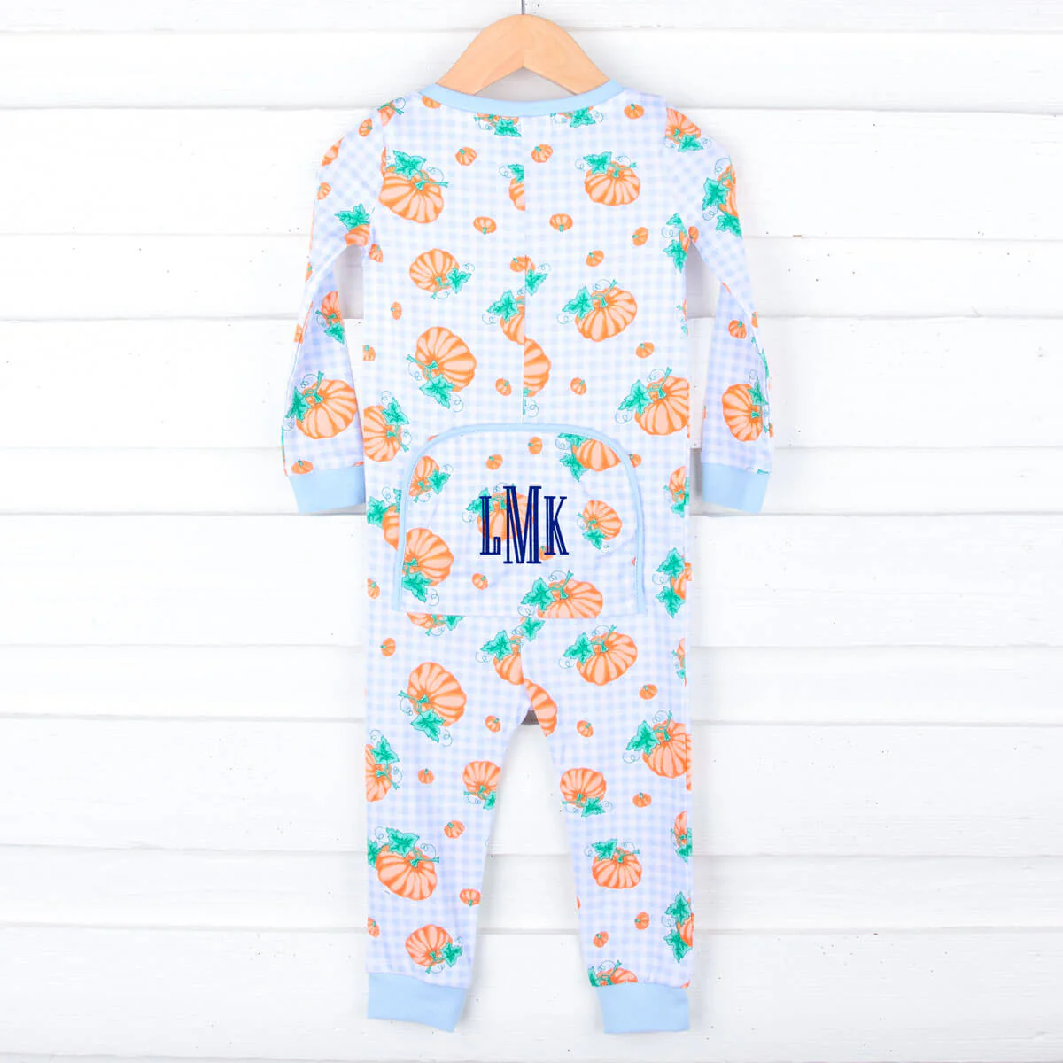 Pumpkin Print Light Blue Gingham Zip Sleeper - Image 3