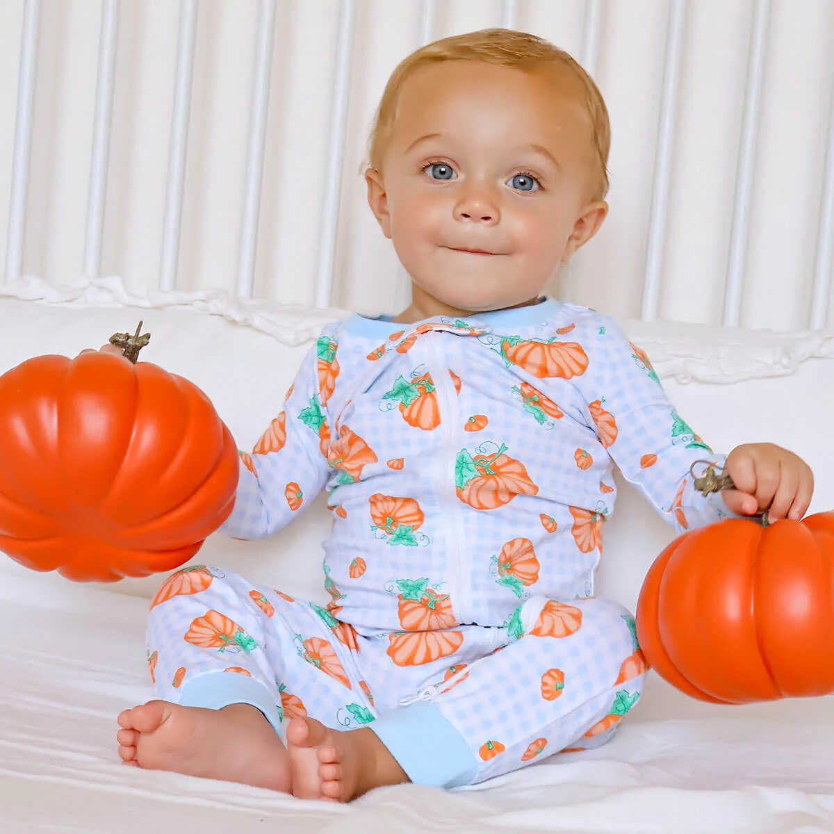 Pumpkin Print Light Blue Gingham Zip Sleeper - Image 4
