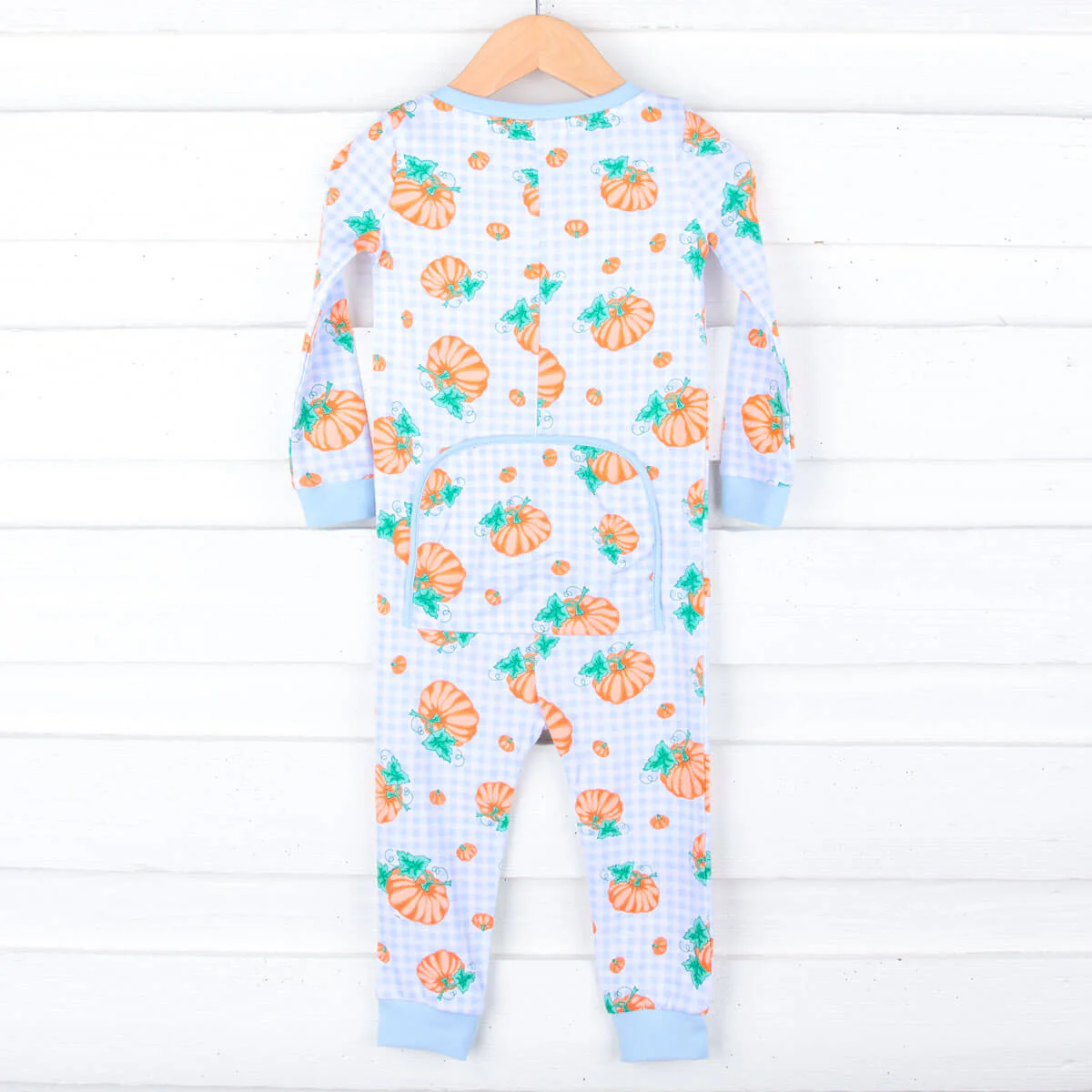 Pumpkin Print Light Blue Gingham Zip Sleeper - Image 6