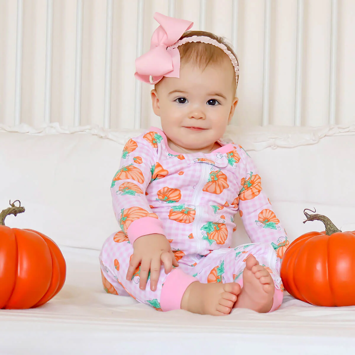 Pumpkin Print Pink Gingham Zip Sleeper - Image 2