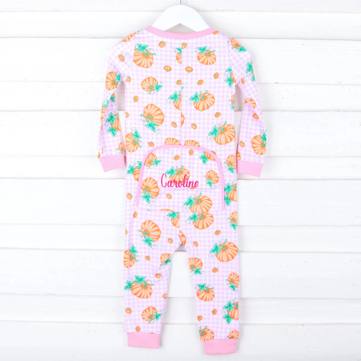 Pumpkin Print Pink Gingham Zip Sleeper - Image 3