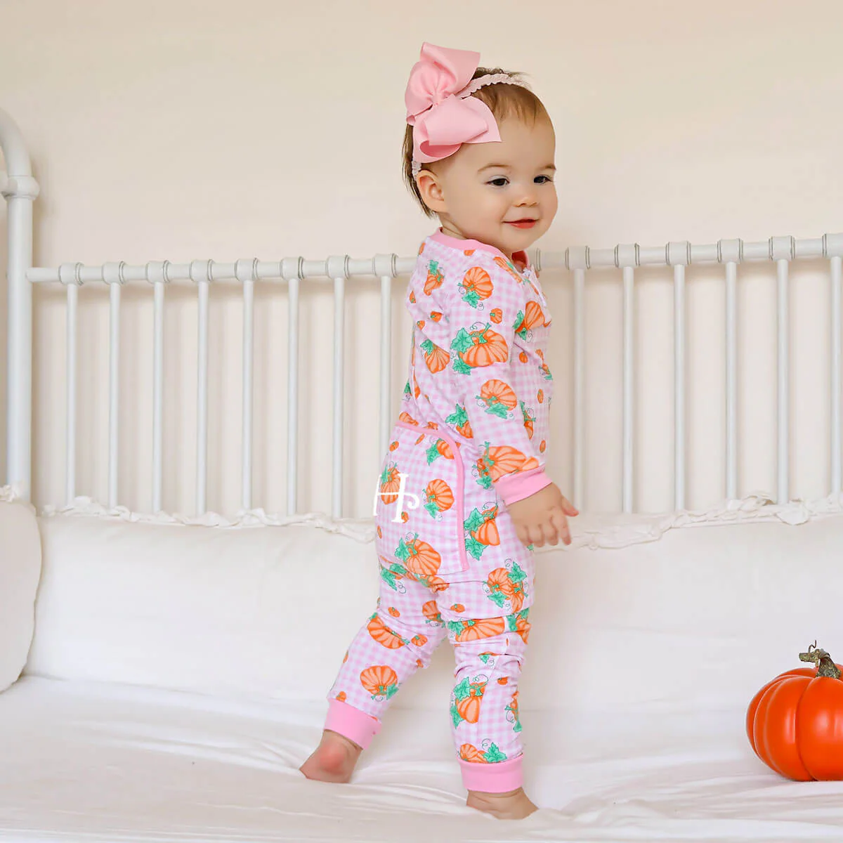 Pumpkin Print Pink Gingham Zip Sleeper - Image 4