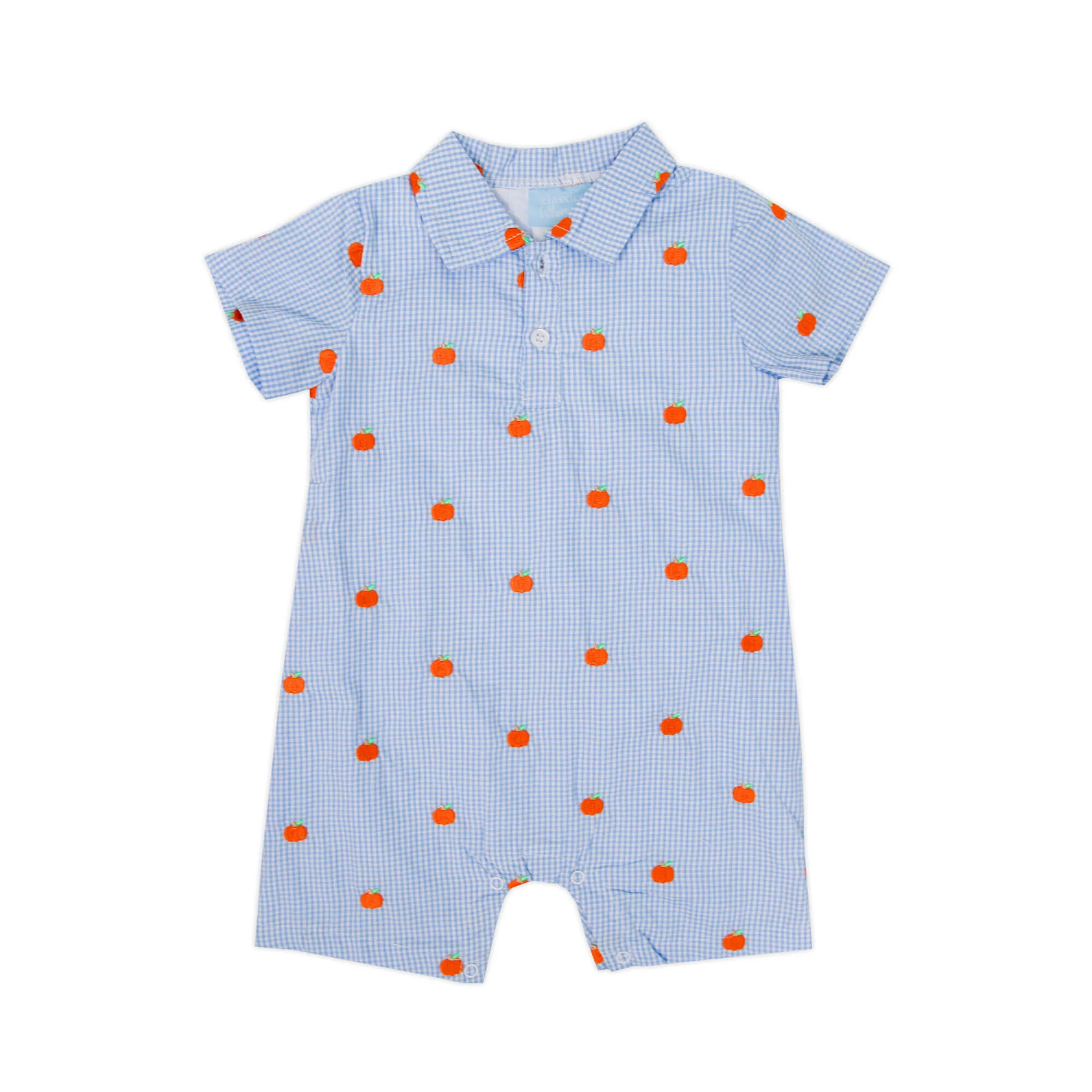 Pumpkin Schiffli Light Blue Gingham Polo Romper - Image 2