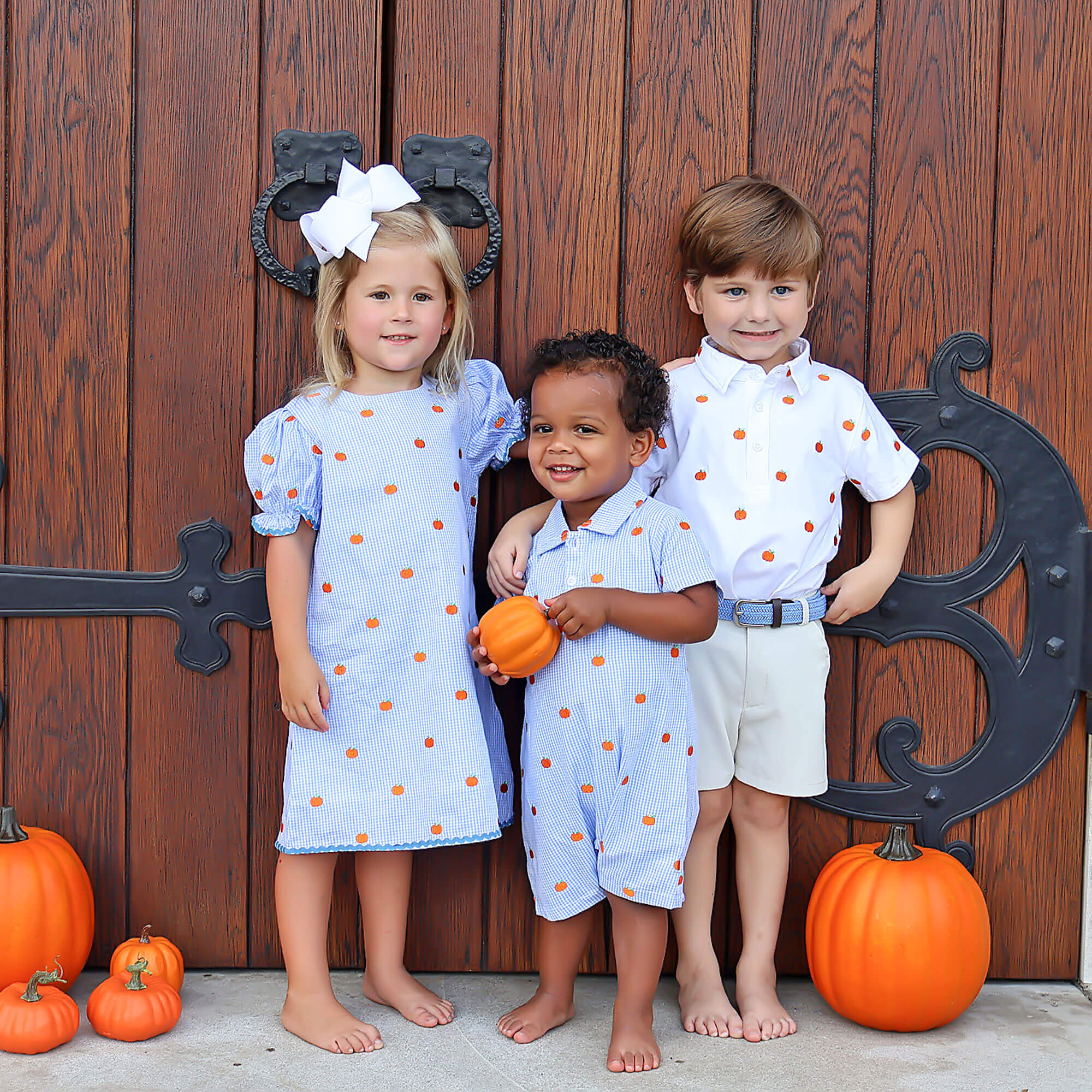 Pumpkin Schiffli Light Blue Gingham Polo Romper - Image 3