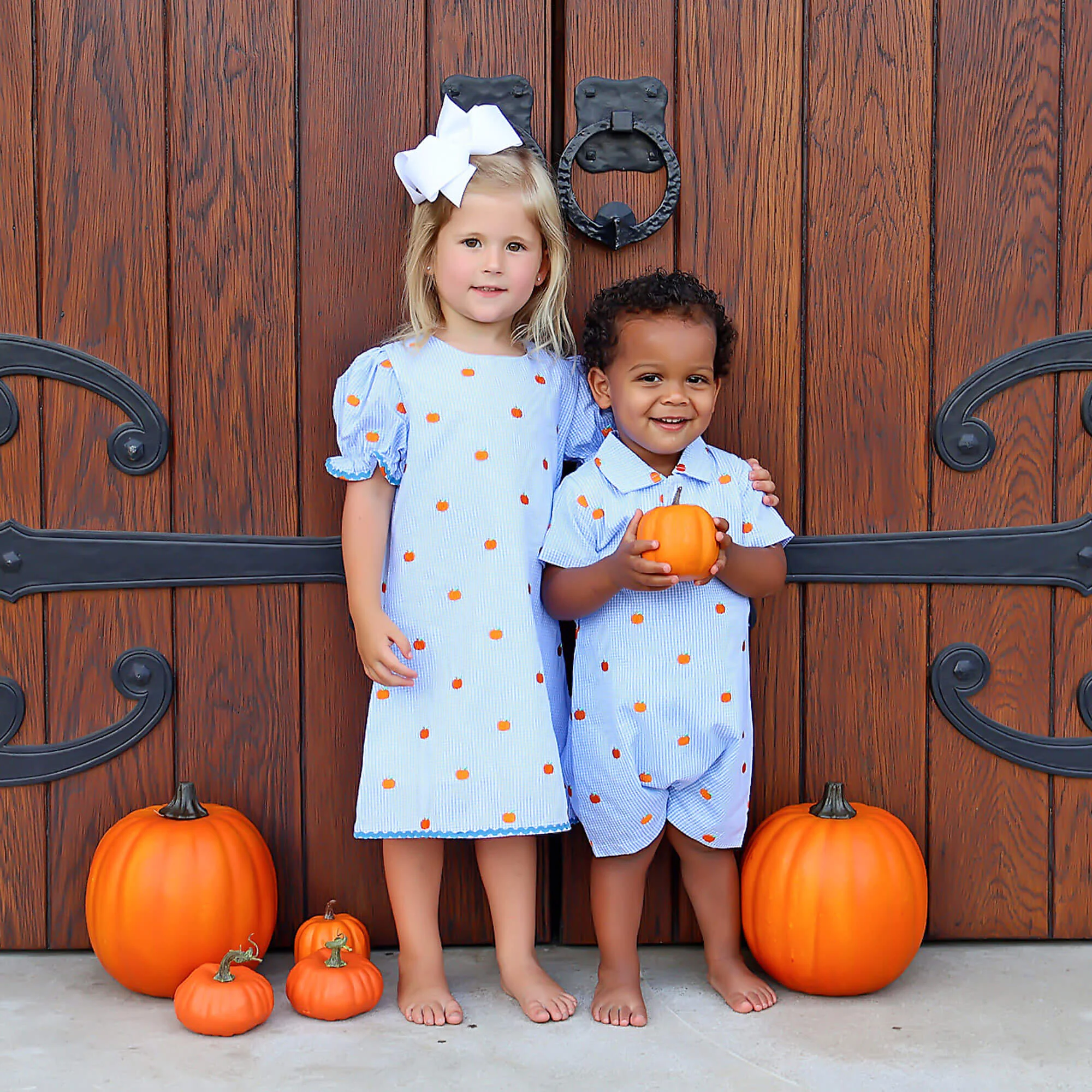 Pumpkin Schiffli Light Blue Gingham Polo Romper - Image 4
