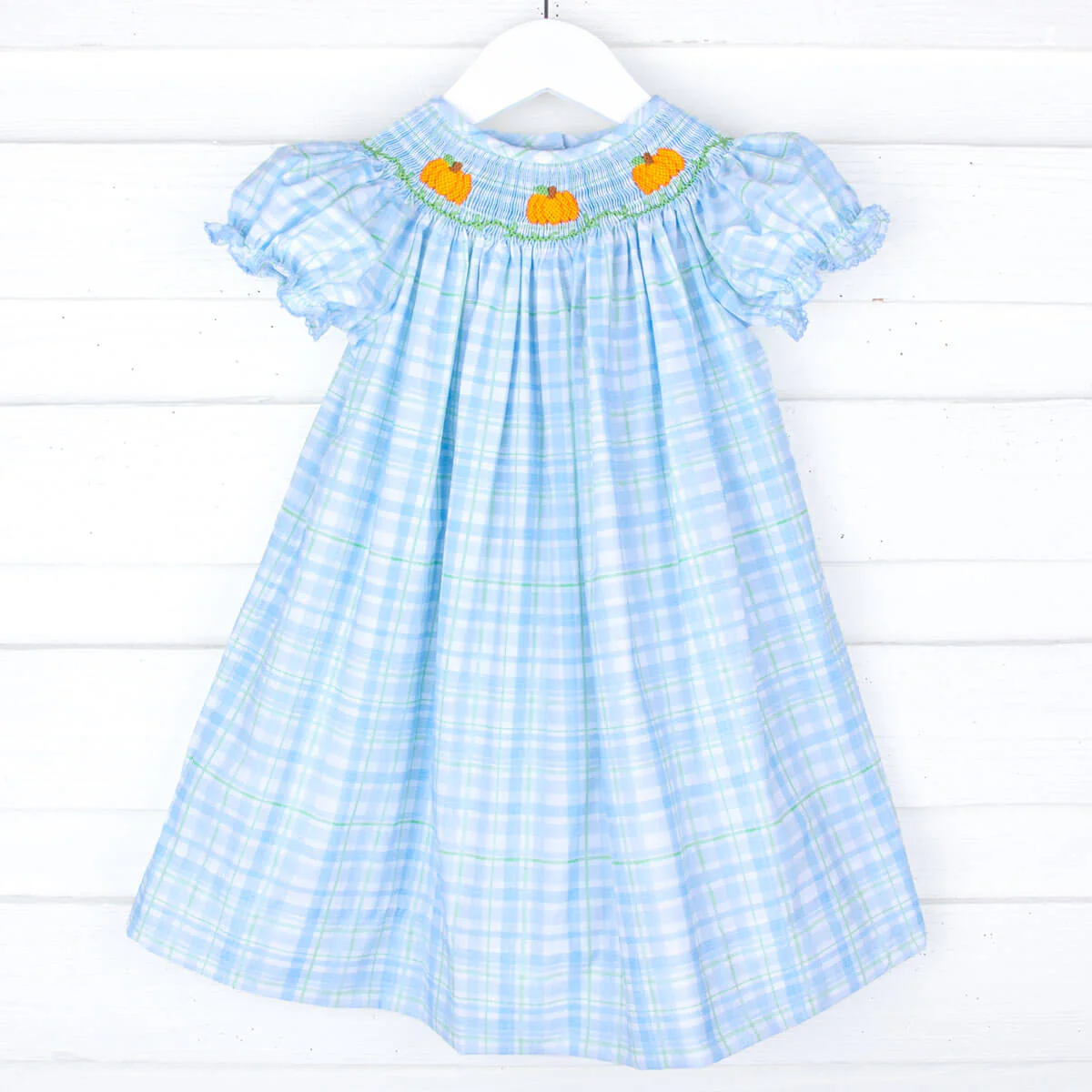 Pumpkin Smocked Blue & Green Plaid Bishop Dress - Image 2