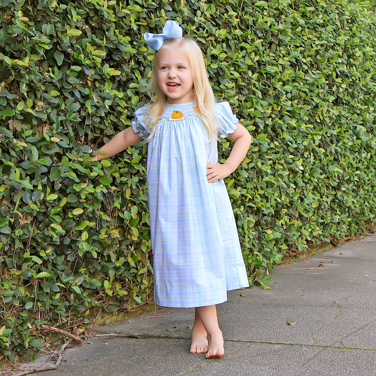 Pumpkin Smocked Blue & Green Plaid Bishop Dress - Image 3