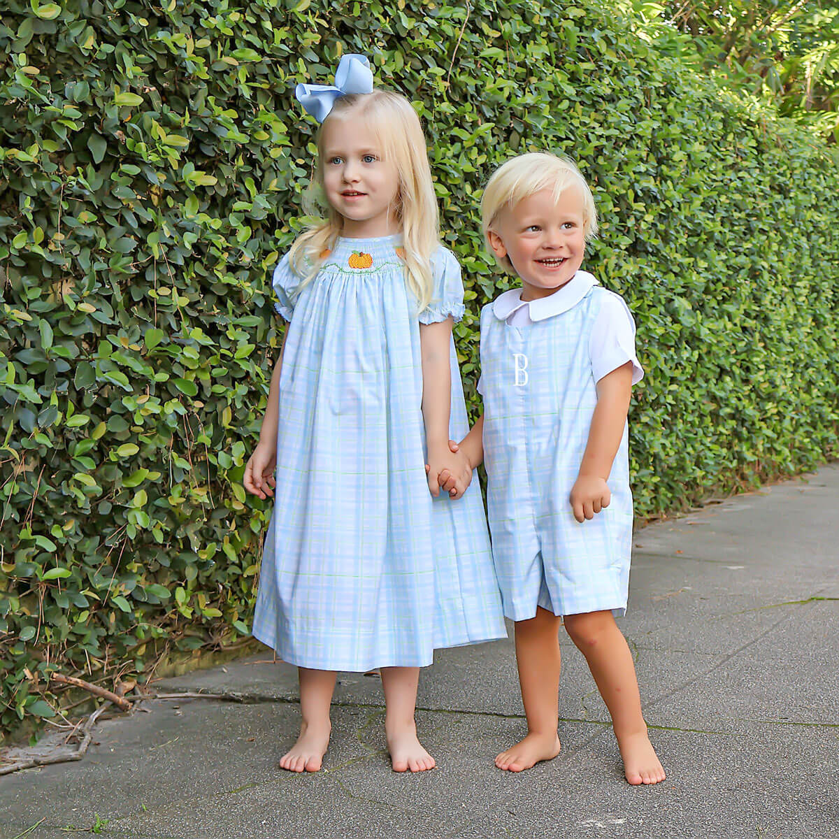 Pumpkin Smocked Blue & Green Plaid Bishop Dress - Image 4