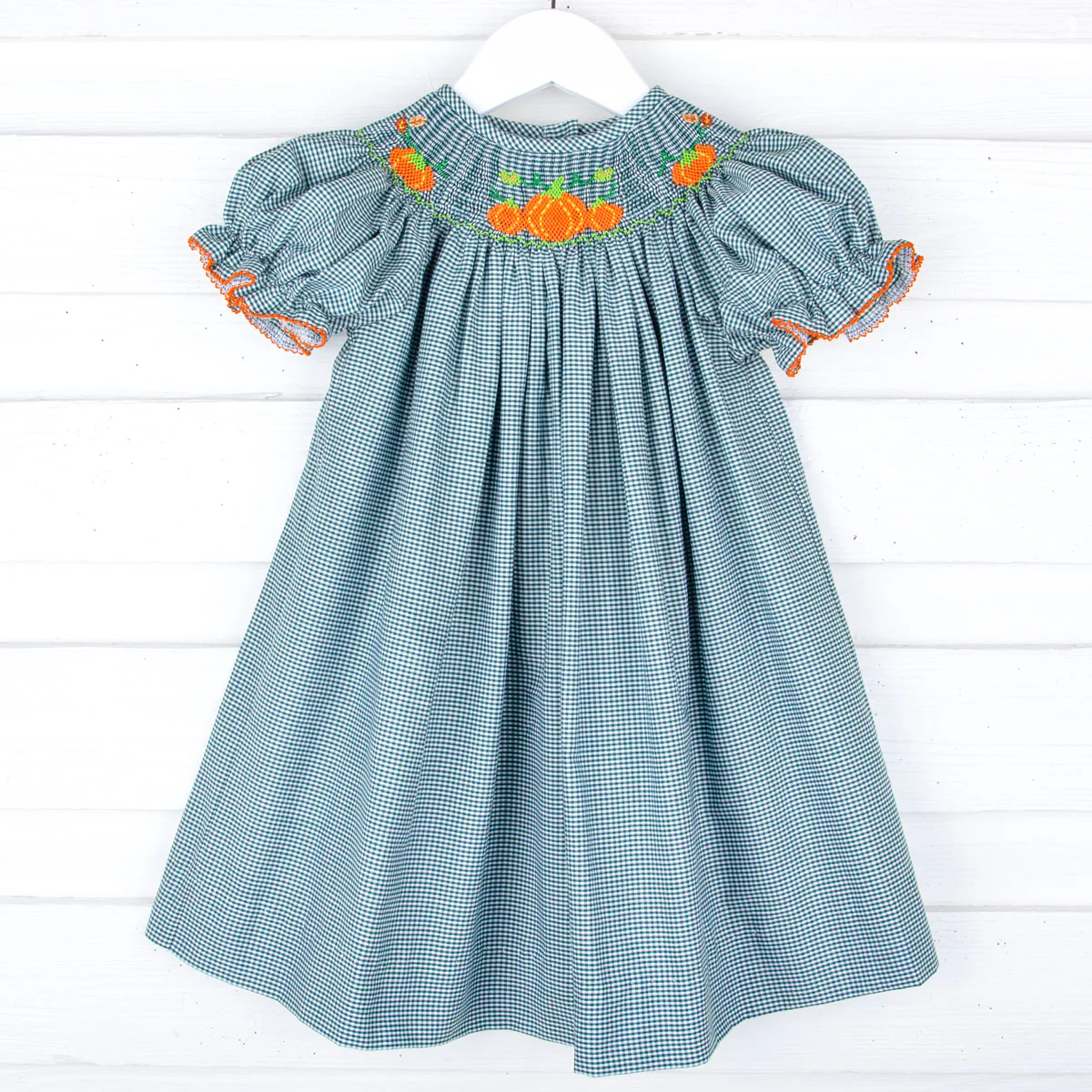 Pumpkin Smocked Green Gingham Bishop Dress - Image 2