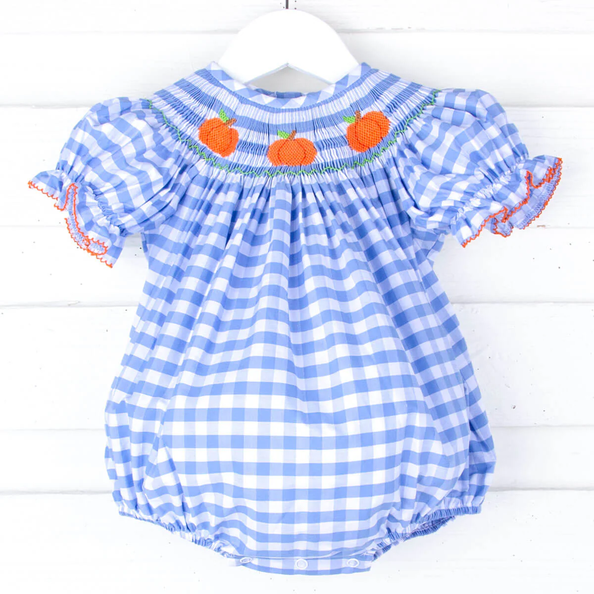 Pumpkin Smocked Light Blue Check Bubble - Image 2
