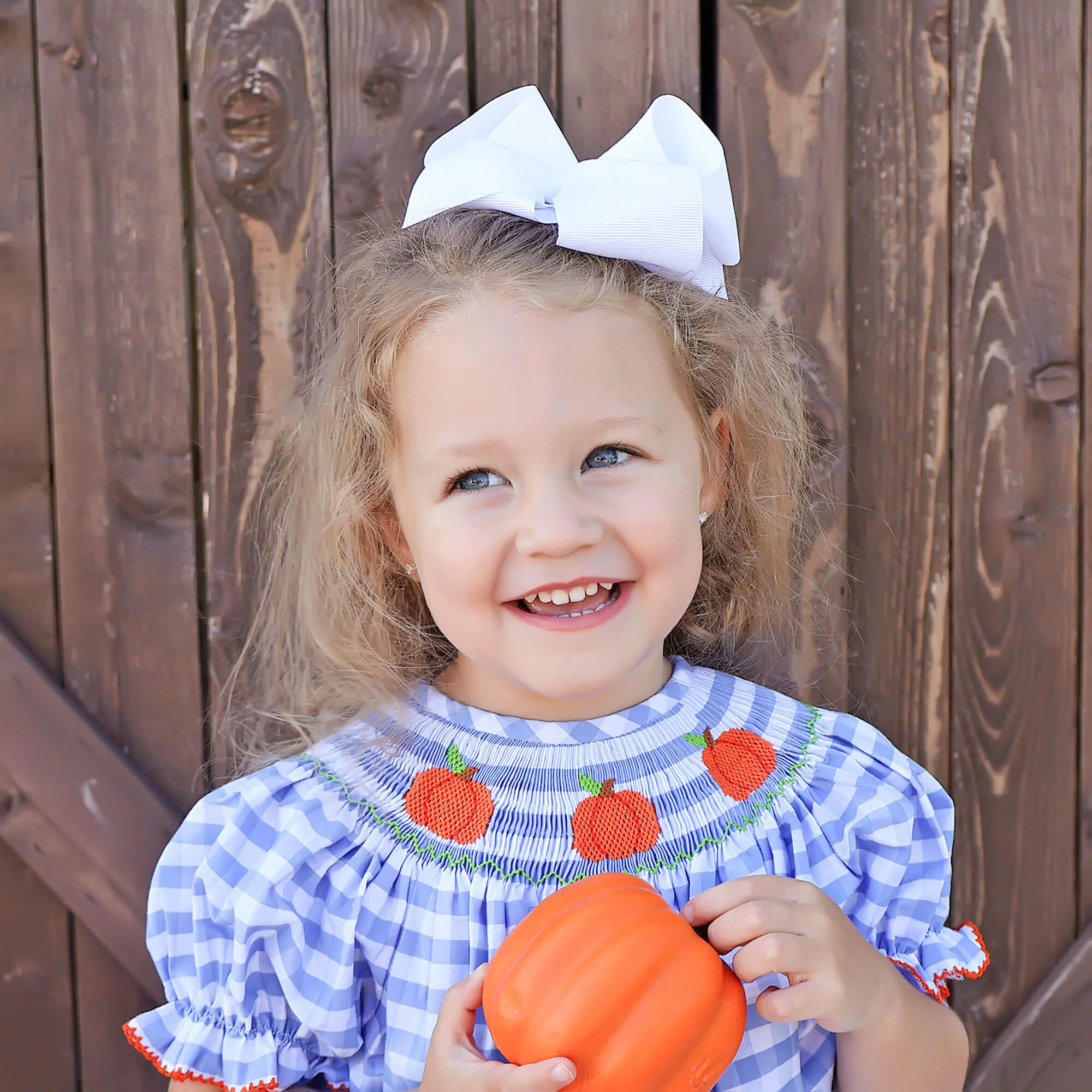 Pumpkin Smocked Light Blue Check Bubble - Image 3