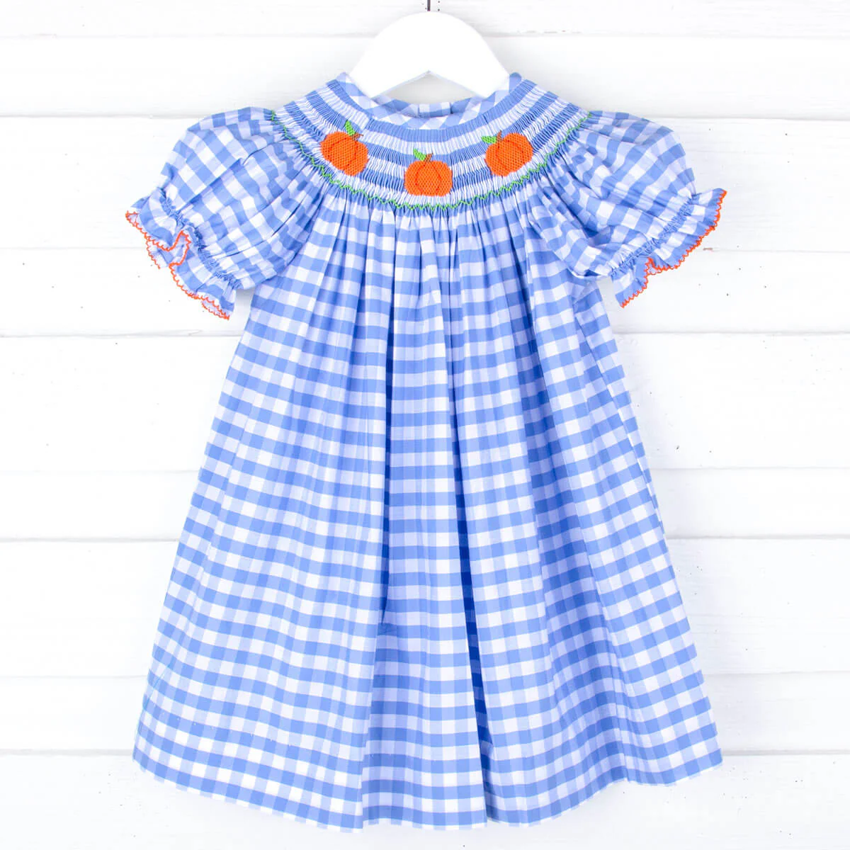 Pumpkin Smocked Light Blue Check Bishop Dress - Image 2