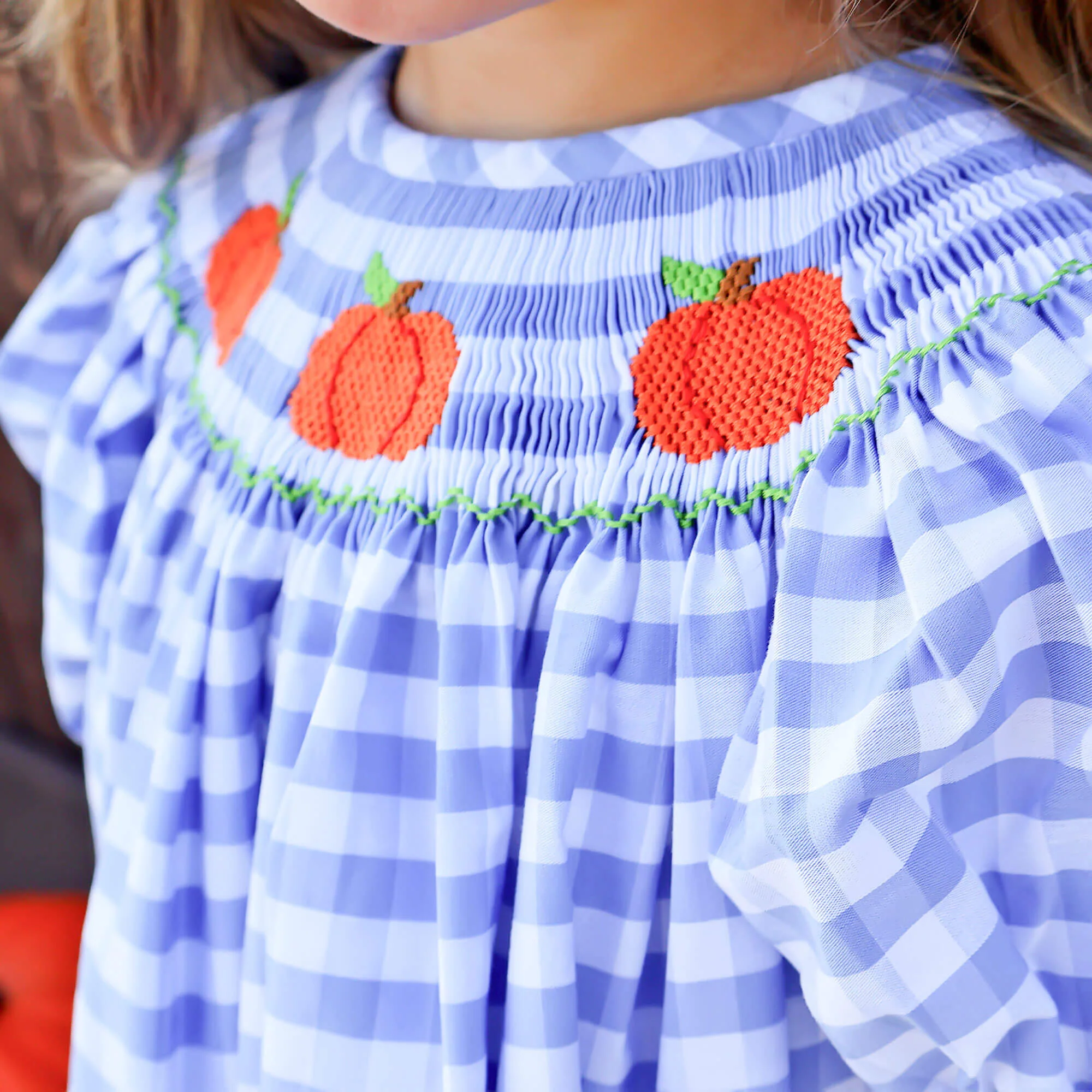 Pumpkin Smocked Light Blue Check Bishop Dress - Image 3