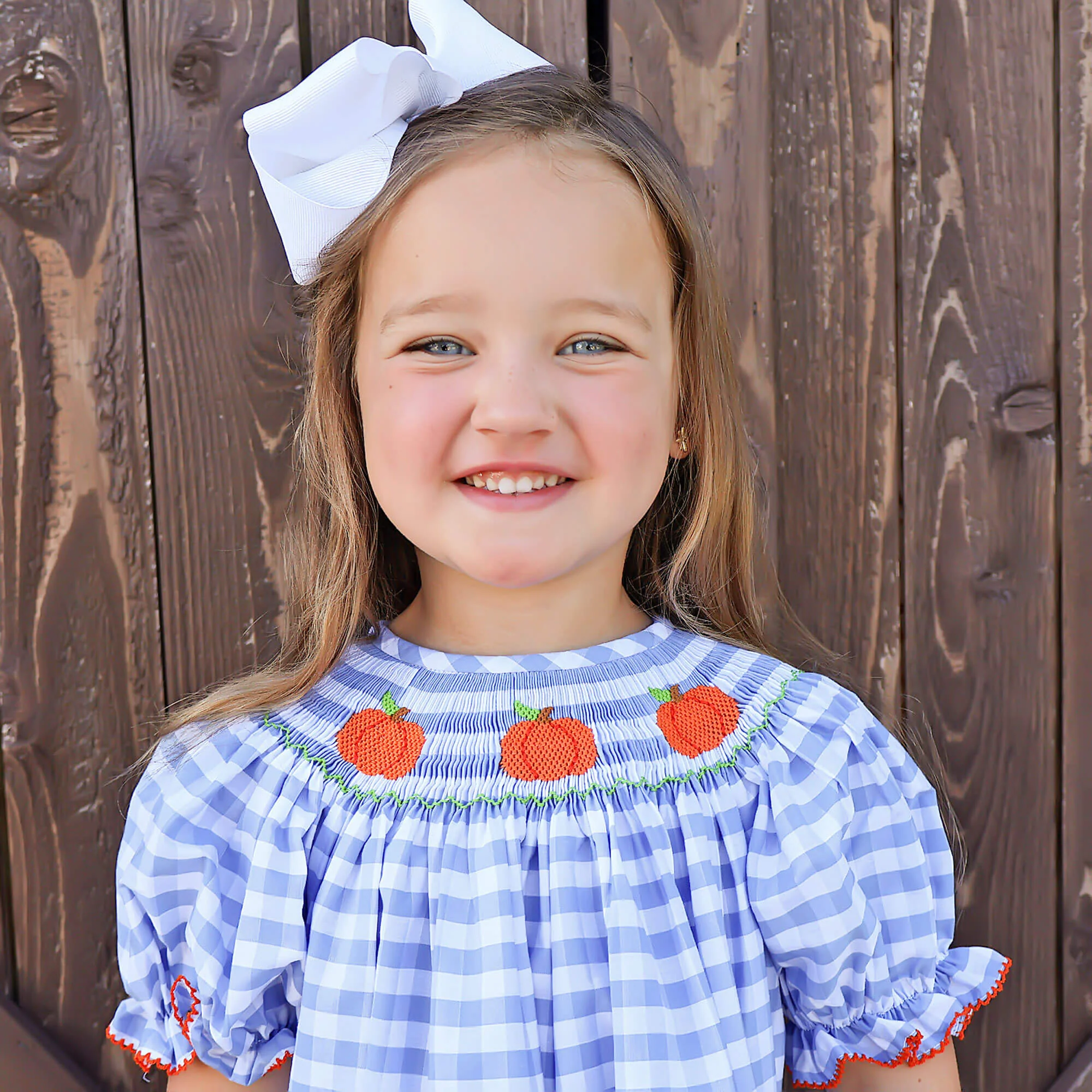 Pumpkin Smocked Light Blue Check Bishop Dress - Image 5