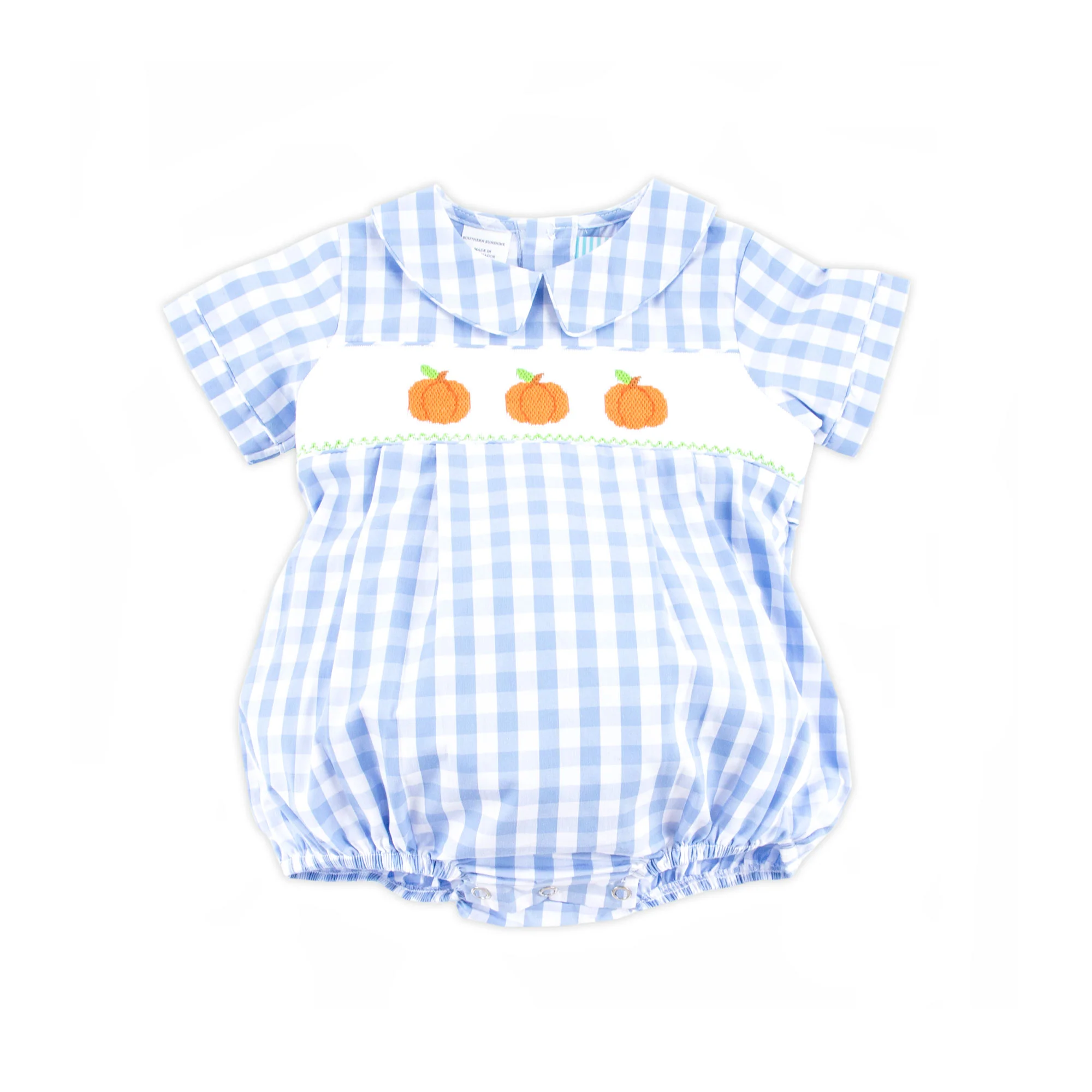 Pumpkin Smocked Light Blue Check Collared Bubble - Image 2