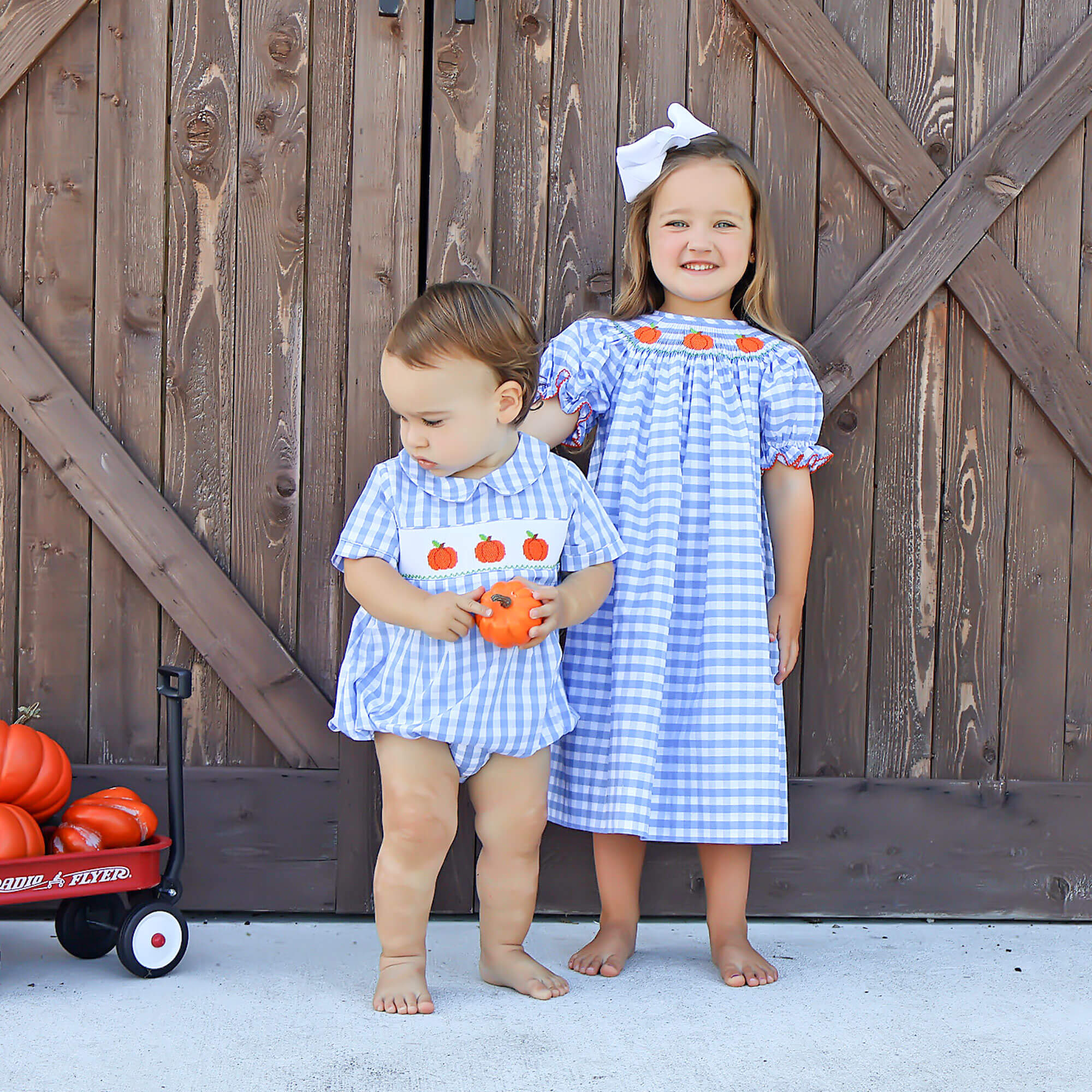 Pumpkin Smocked Light Blue Check Collared Bubble - Image 3