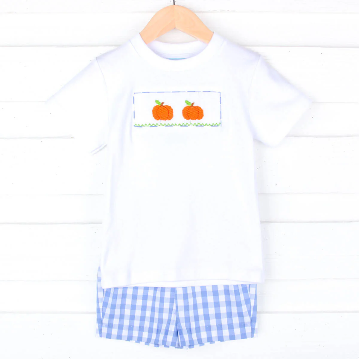 Pumpkin Smocked Light Blue Check Short Set - Image 2